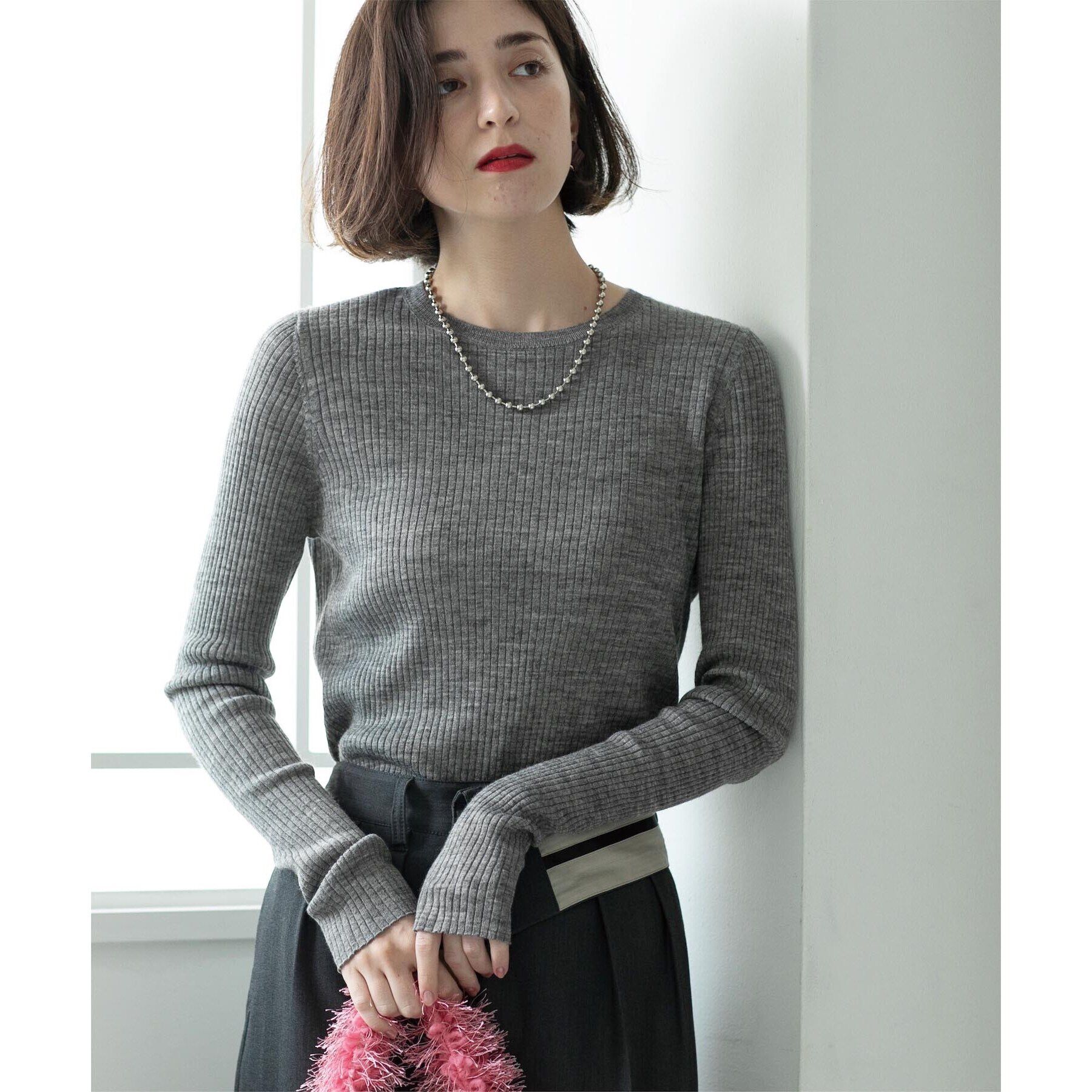 OPAQUE.CLIP「《5color》クルーネックシアーリブニット【洗濯機洗い可】」|ニット・セーター|グレー(012)