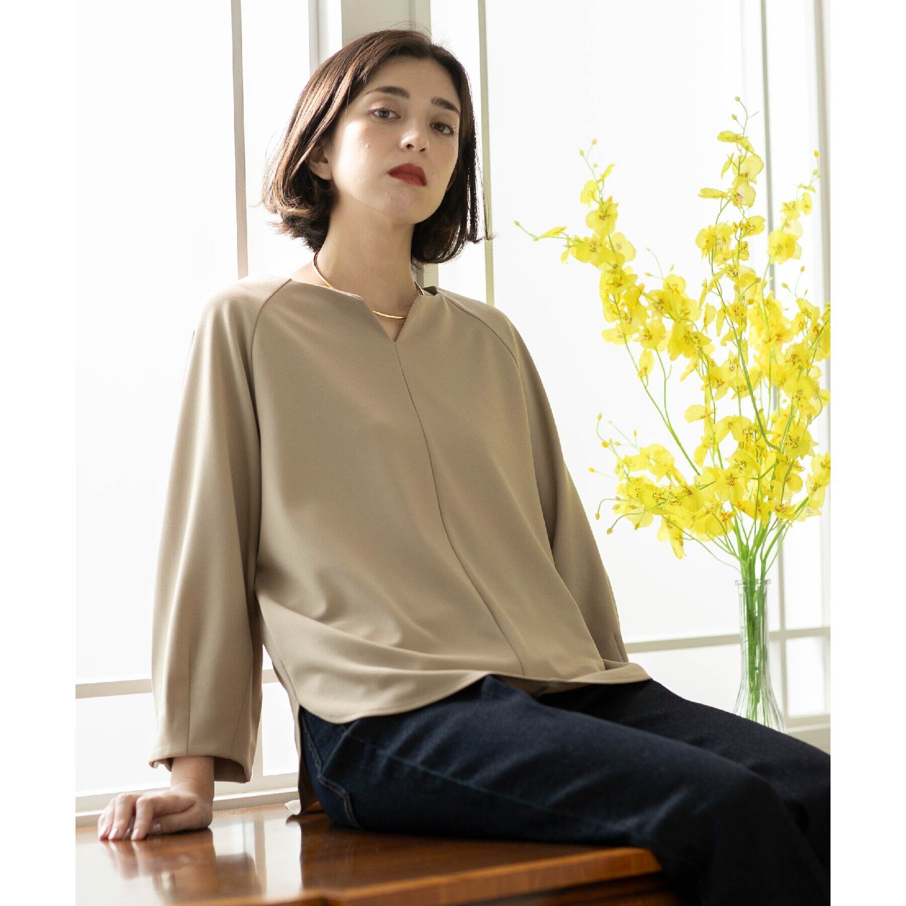 OPAQUE.CLIP「UV 袖口金ボタンキーネックトップス【吸水速乾/洗濯機洗い可】」|Tシャツ・カットソー|