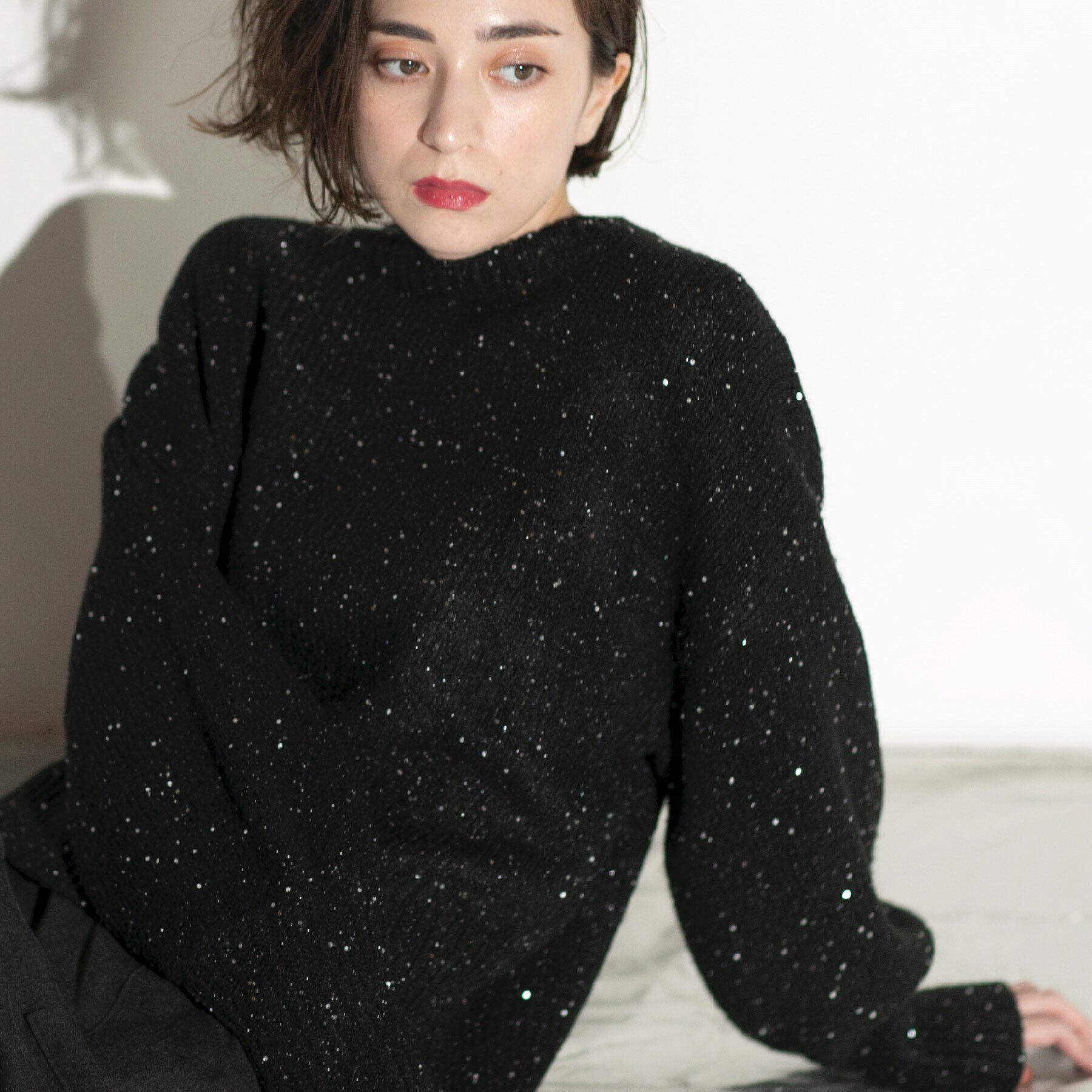 OPAQUE.CLIP「スパンコールラメ ミドルゲージニット」|ニット・セーター|ブラック(619)