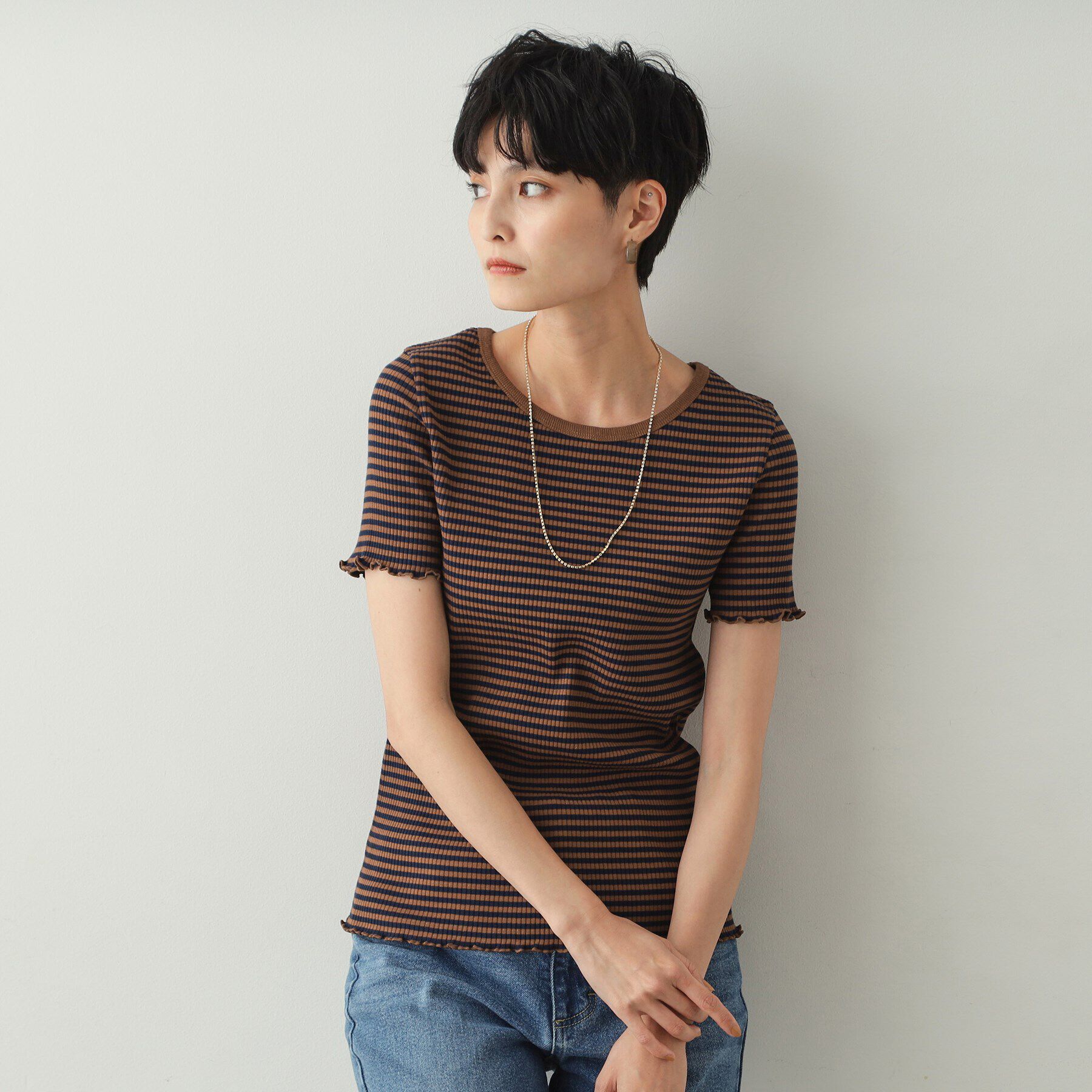 OPAQUE.CLIP「細ボーダーリブカットソー【洗濯機洗い可】」|Tシャツ・カットソー|