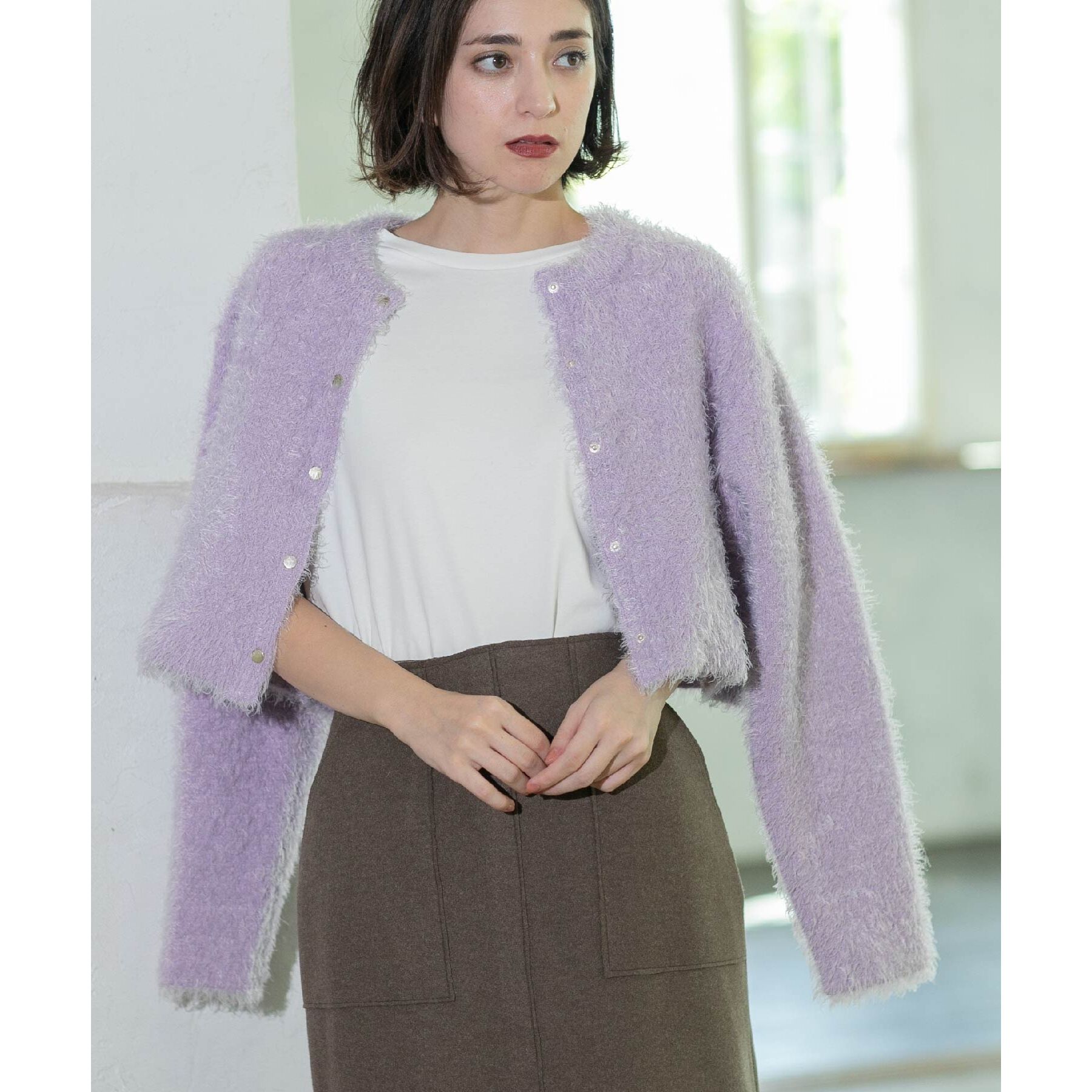 OPAQUE.CLIP「《6color》シャギーニットショートカーディガン【洗濯機洗い可】」|カーディガン|ラベンダー(880)