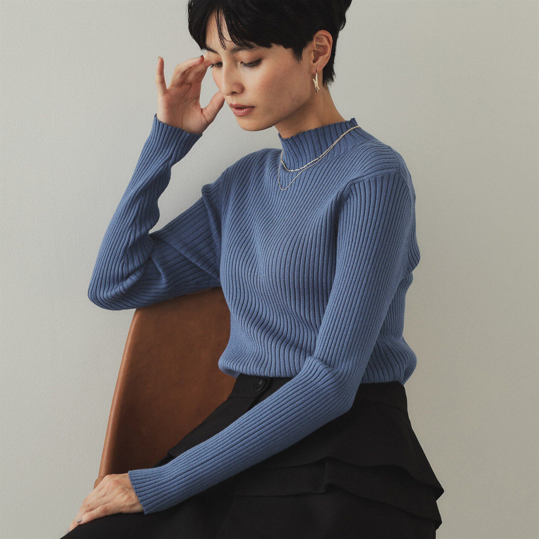 OPAQUE.CLIP「《5color/S-LLsize》もちもちハイネックリブニット【洗濯機洗い可】」|ニット・セーター|ブルー(092)
