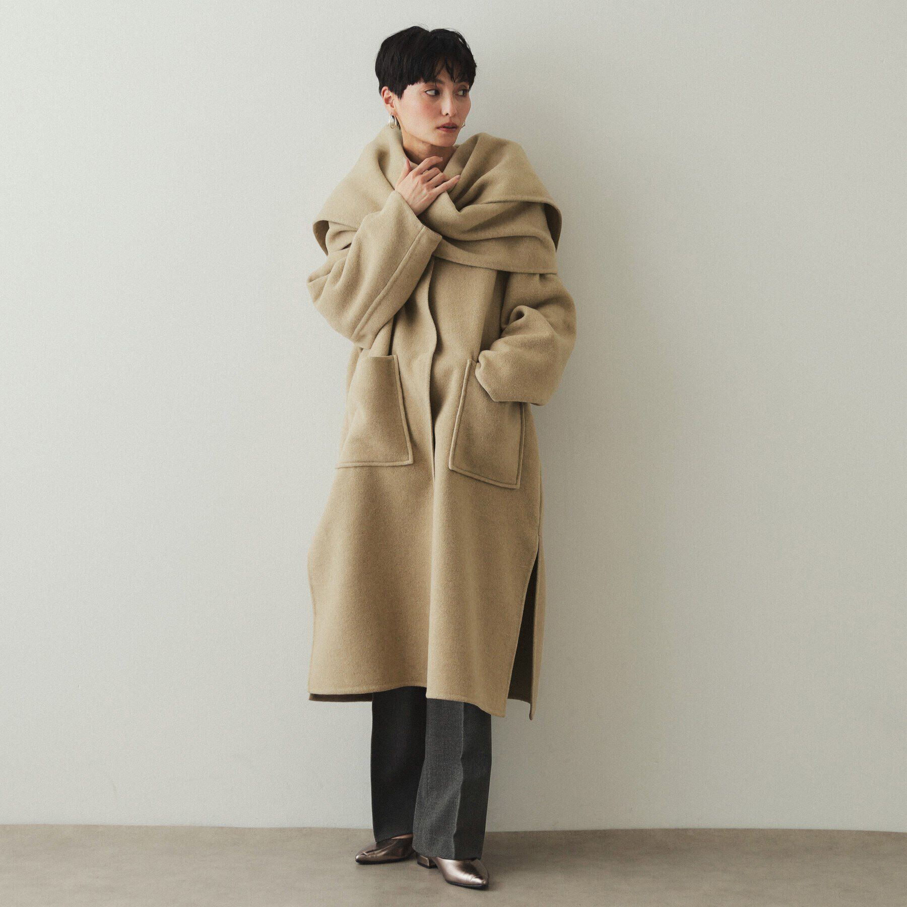 OPAQUE.CLIP「《マフラー付き》ウール混ノーカラーコート」|ノーカラーコート|