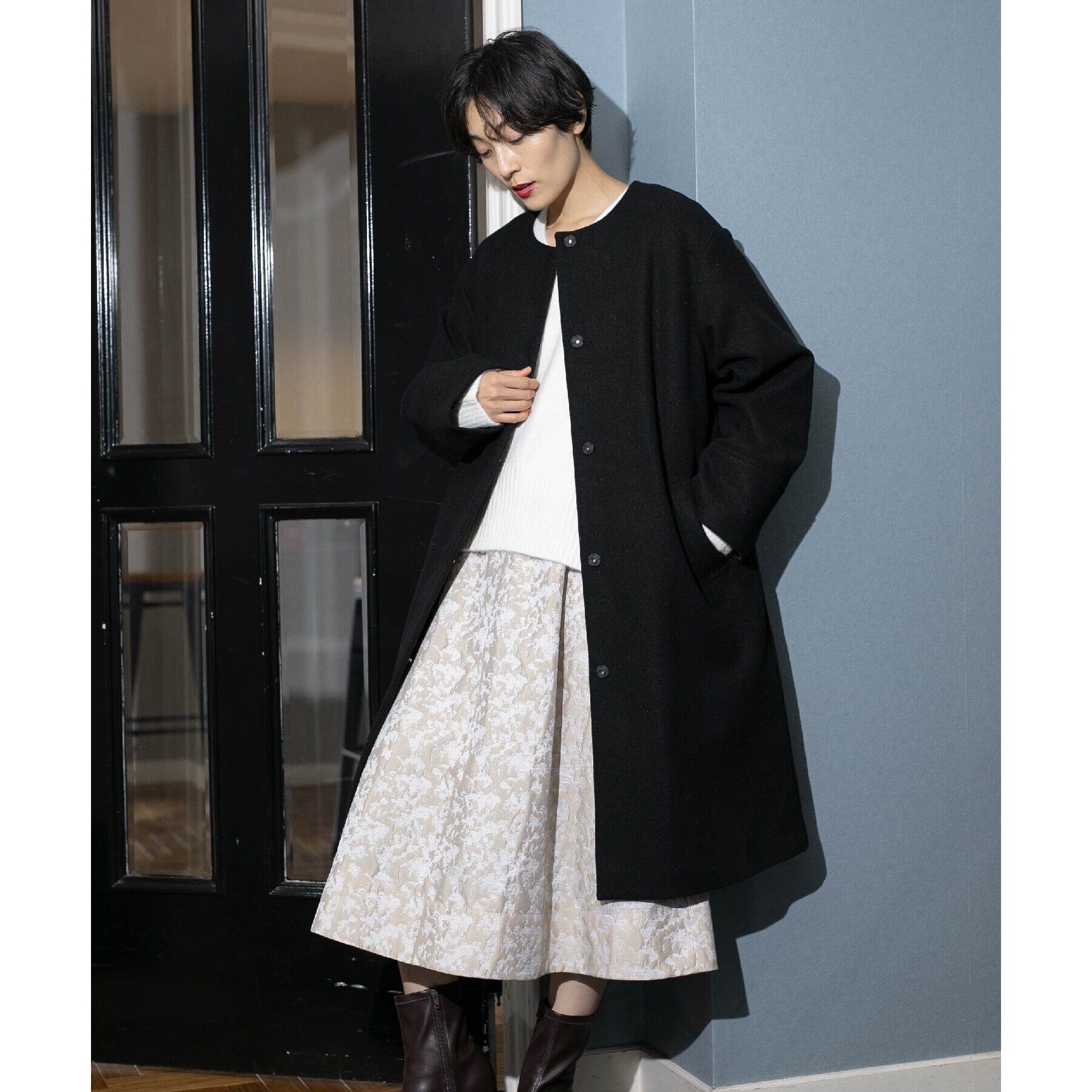 OPAQUE.CLIP「《S-LLsize》ウールライク メルトンノーカラーロングコート」|ノーカラーコート|