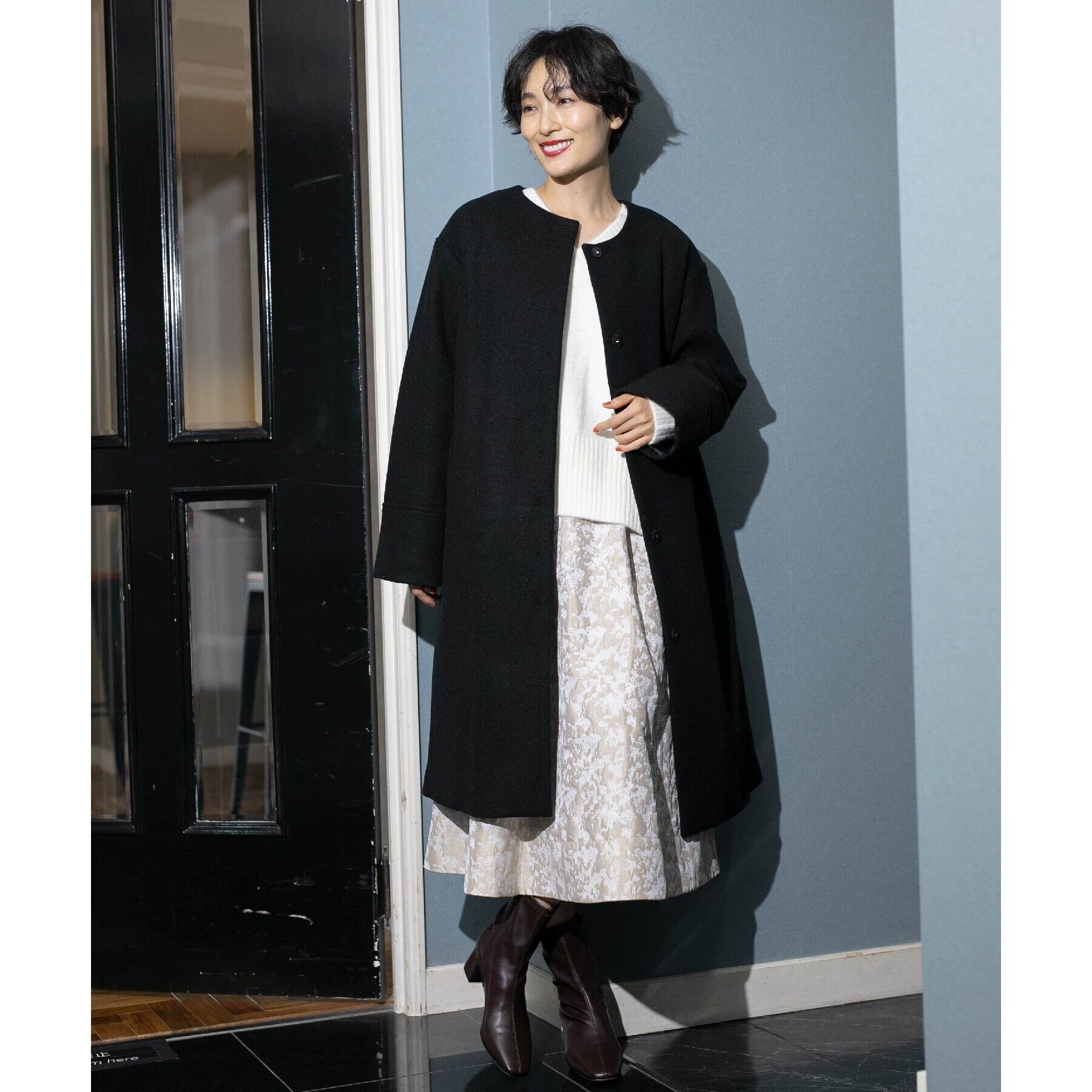 OPAQUE.CLIP「《S-LLsize》ウールライク メルトンノーカラーロングコート」|ノーカラーコート|