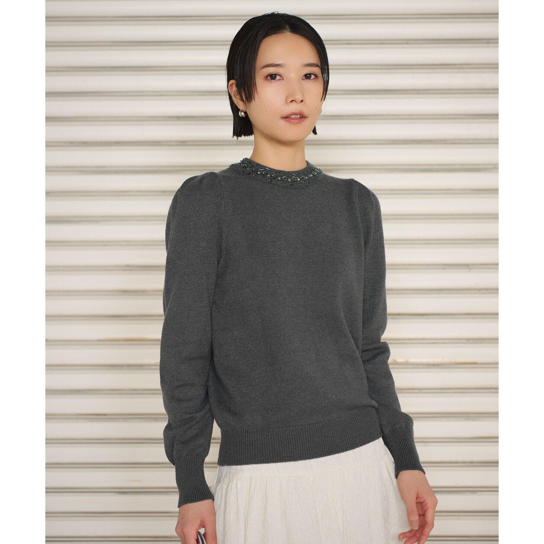 OPAQUE.CLIP「《美人百花掲載》ビジューネックパフスリーブニット【洗える】」|ニット・セーター|