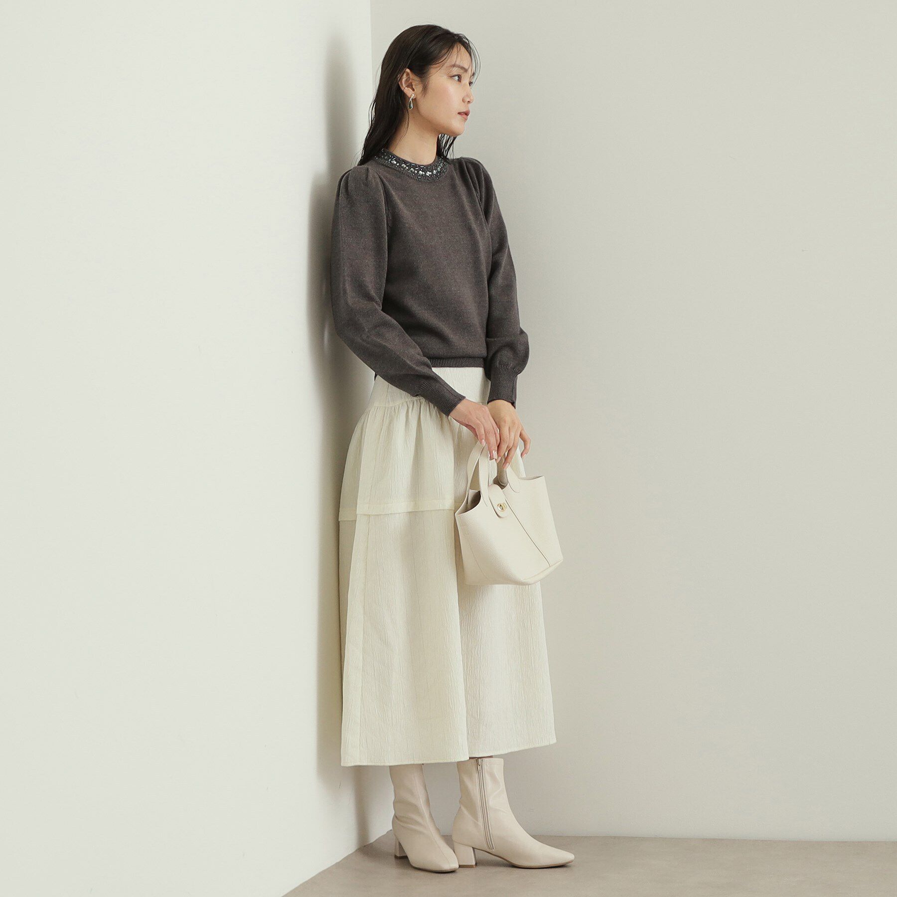 OPAQUE.CLIP「《美人百花掲載》ビジューネックパフスリーブニット【洗える】」|ニット・セーター|