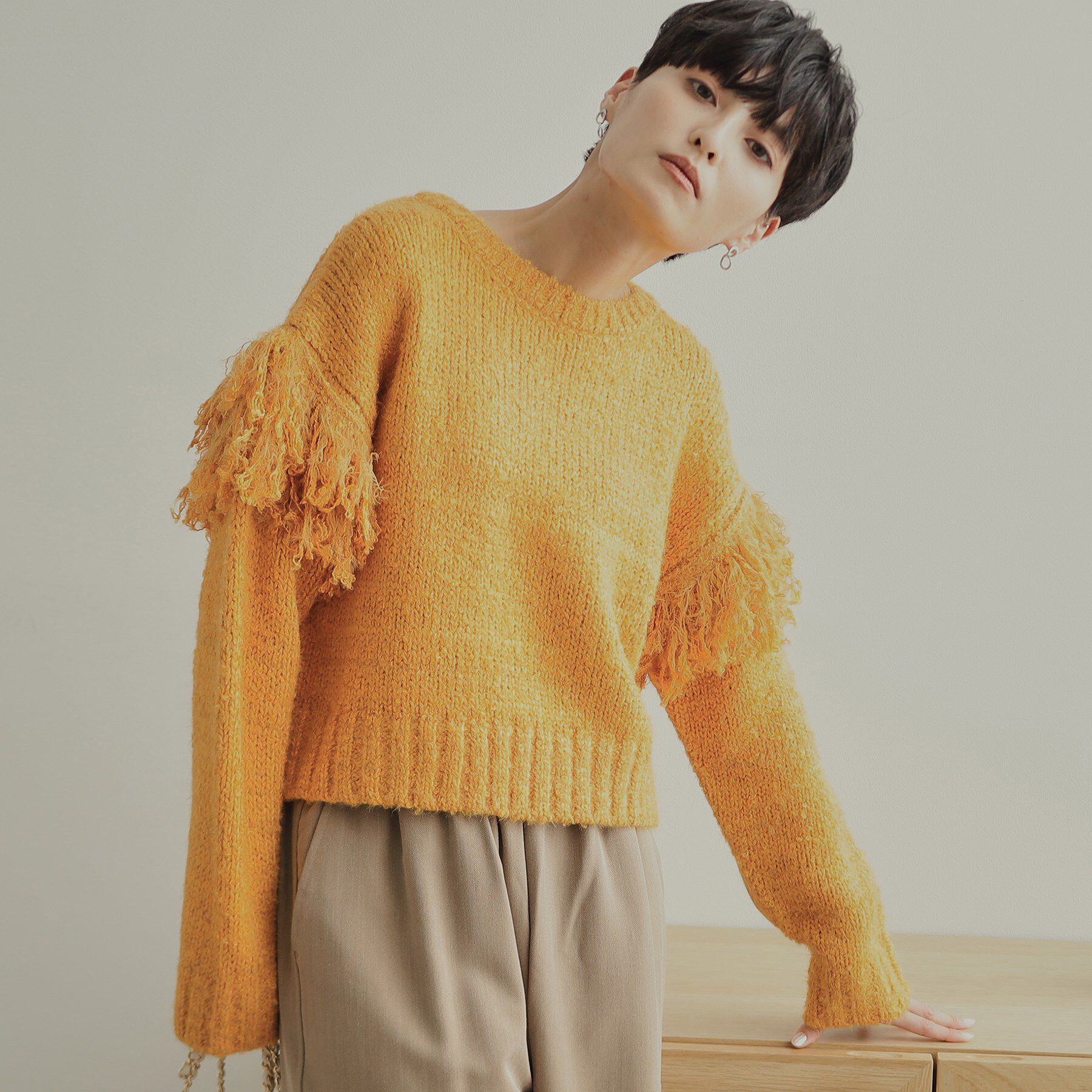 OPAQUE.CLIP「フリンジローゲージニット【洗濯機洗い可/抗ピル】」|ニット・セーター|マスタード(033)