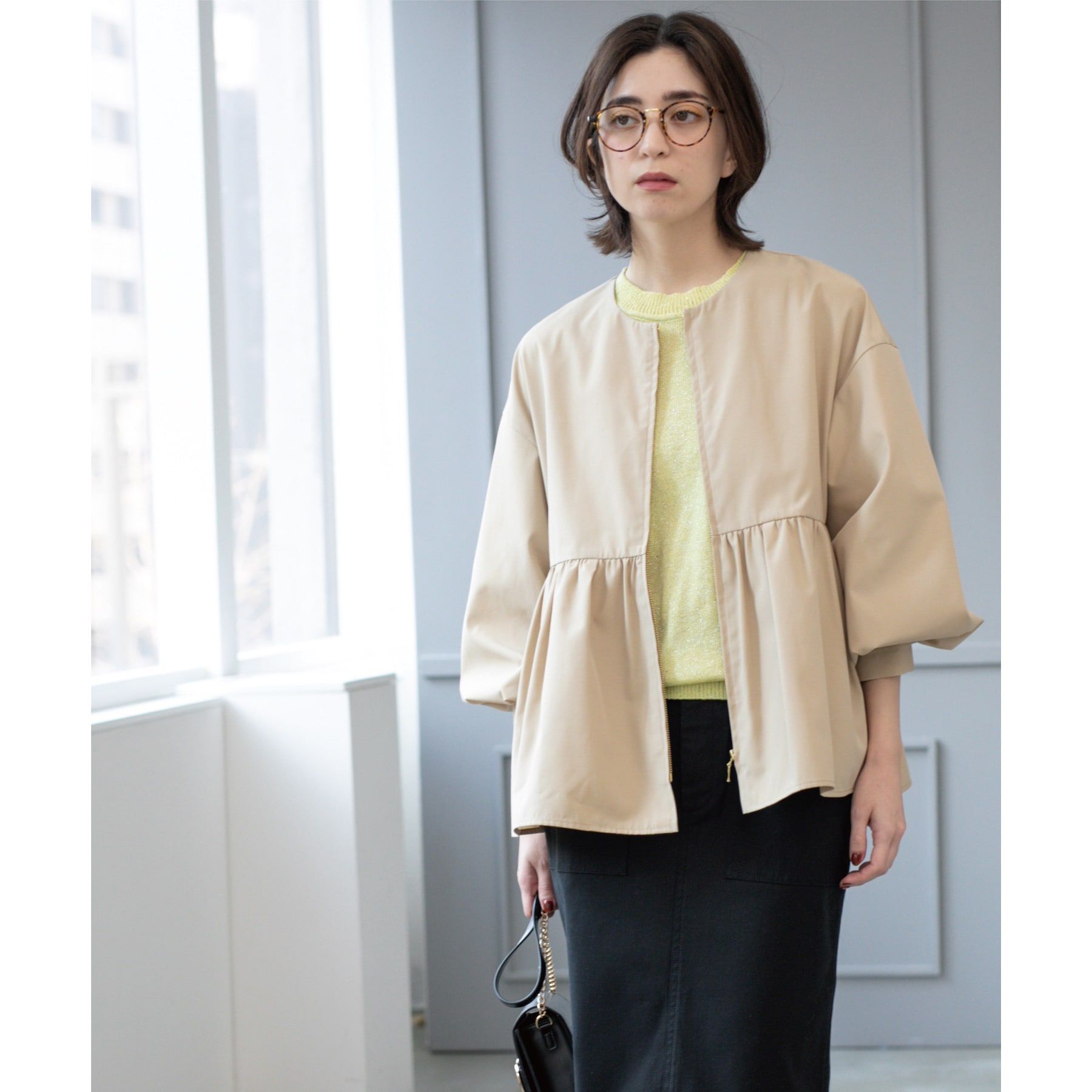 OPAQUE.CLIP「撥水ノーカラーペプラムブルゾン【洗濯機洗い可/花粉対応】」|ノーカラージャケット|