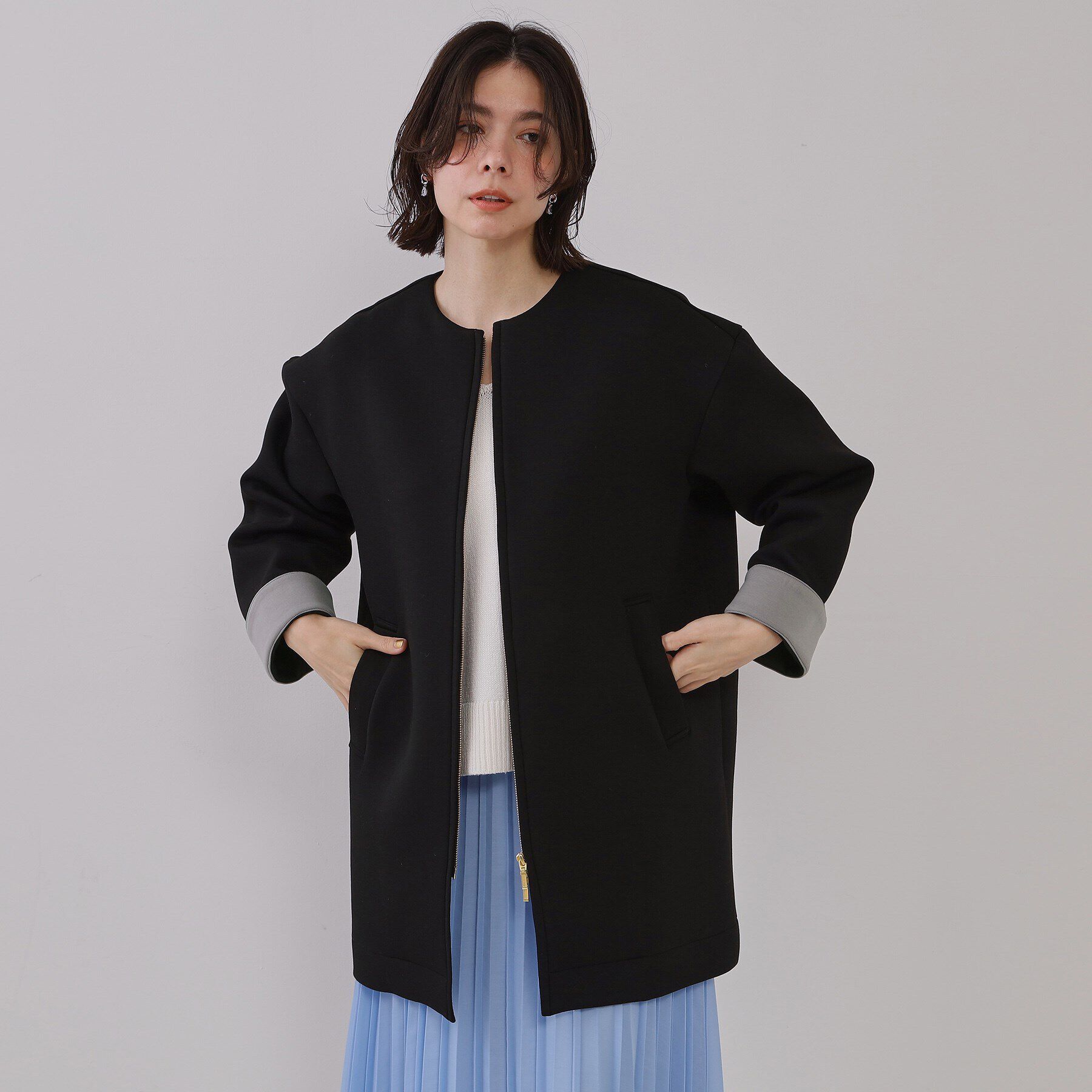 OPAQUE.CLIP「ノーカラーZIPミドルコート【洗濯機洗い可/抗ピル】」|ノーカラーコート|ブラック(019)