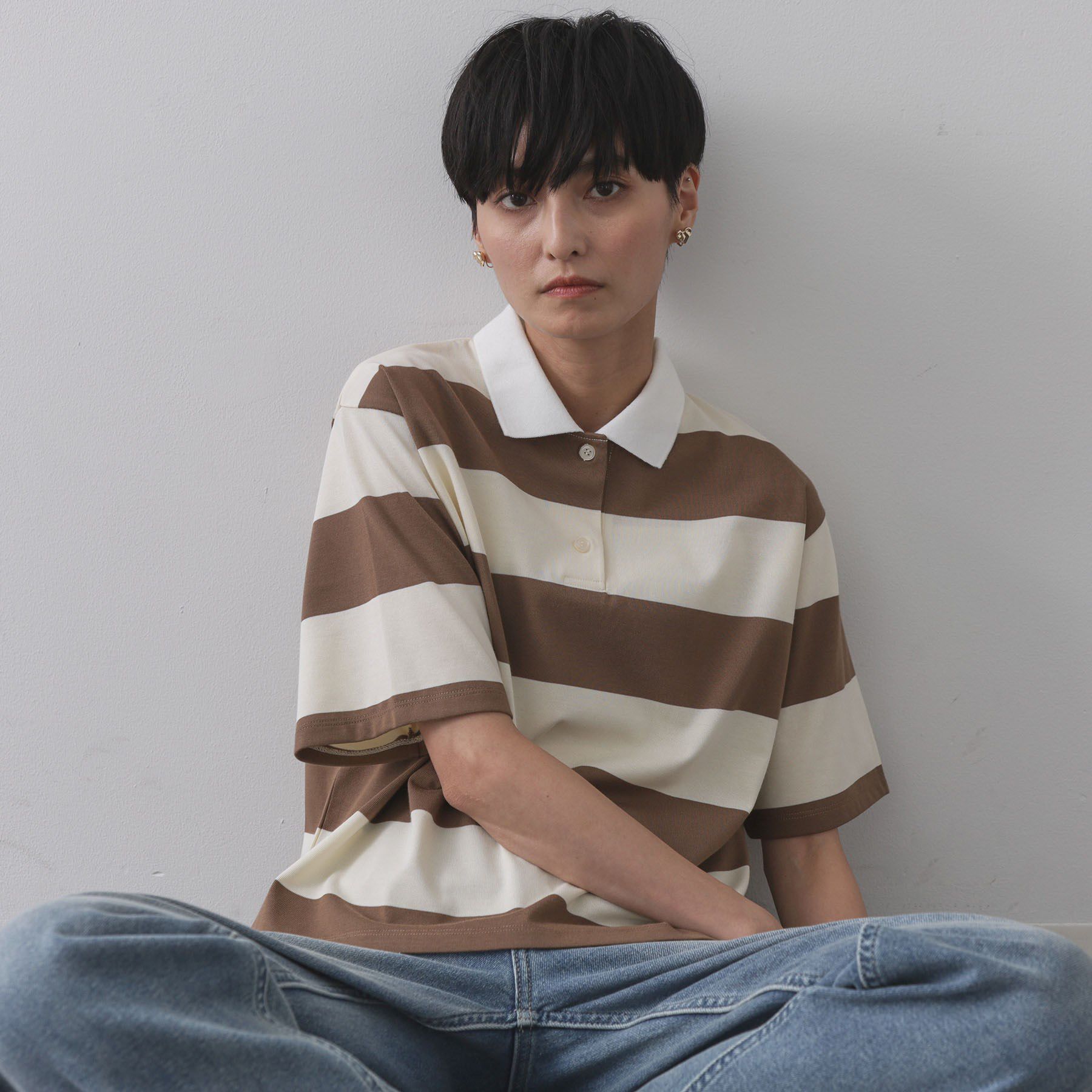 OPAQUE.CLIP「カラーボーダーポロカットソー【洗濯機洗い可】」|ポロシャツ|ベージュ(352)