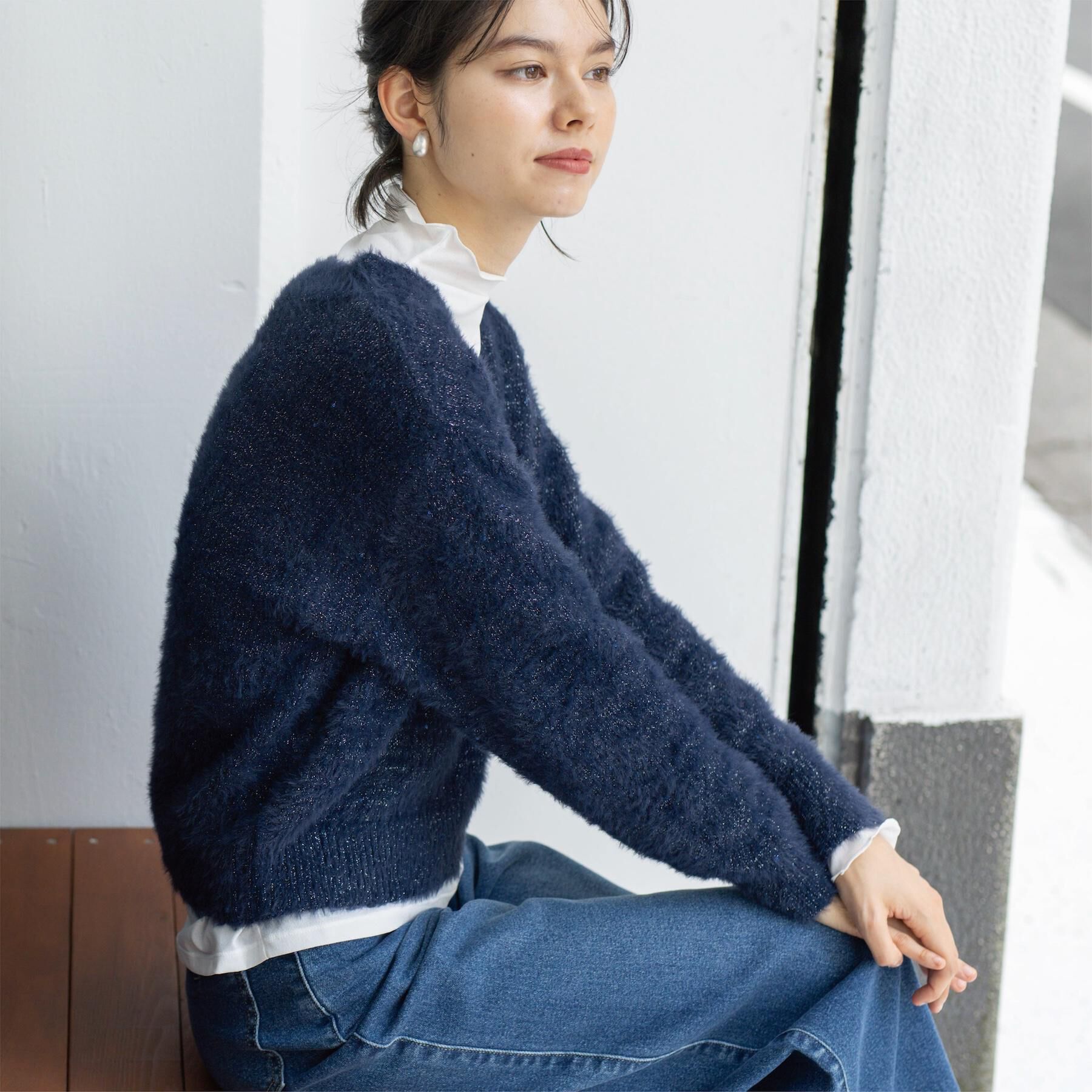 OPAQUE.CLIP「スパンコールフェザーVネックニット【洗濯機OK】」|ニット・セーター|