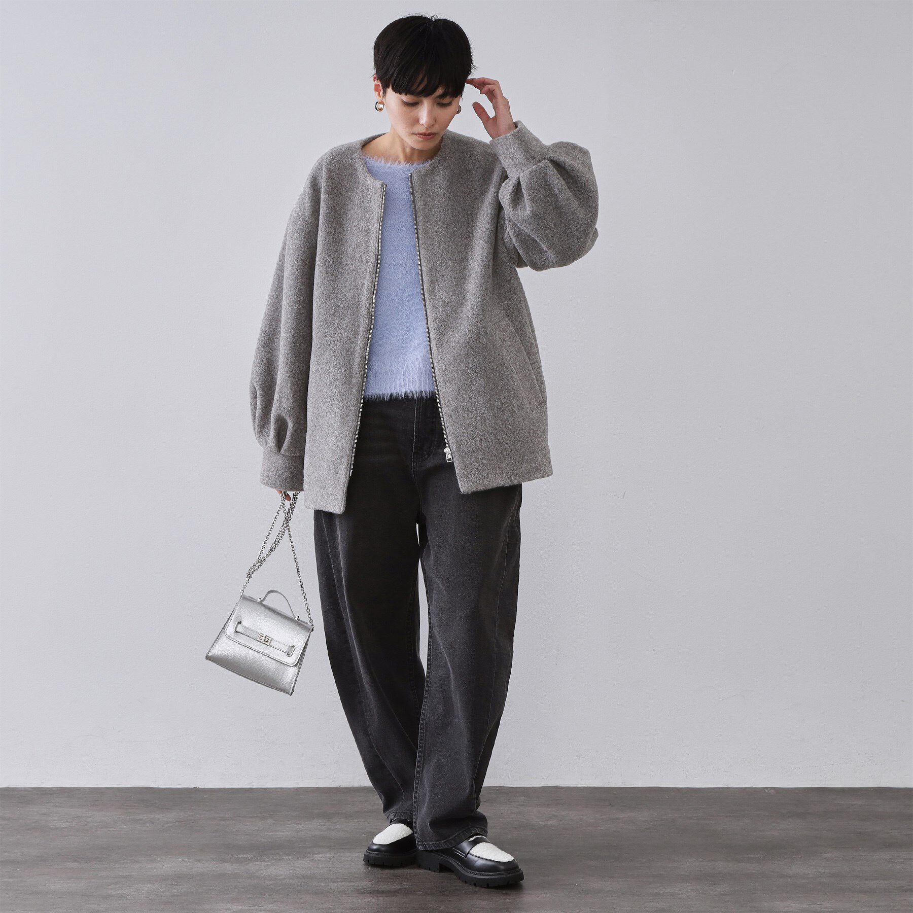 OPAQUE.CLIP「もこもこノーカラージップミドルコート【洗える】」|ノーカラーコート|