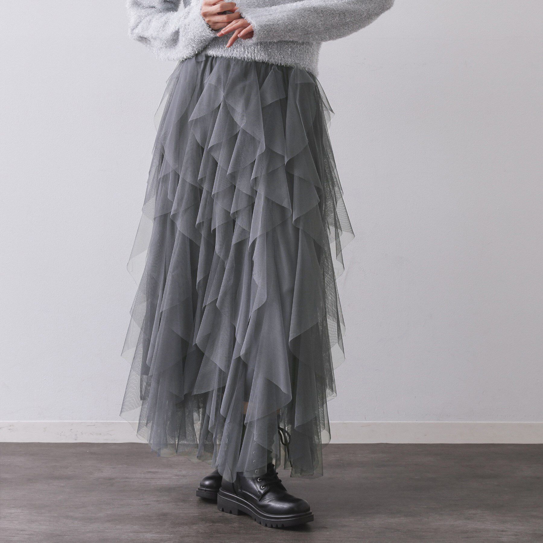OPAQUE.CLIP「ラッフルチュールイージースカート【洗濯機OK】」|スカート|チャコールグレー(0
