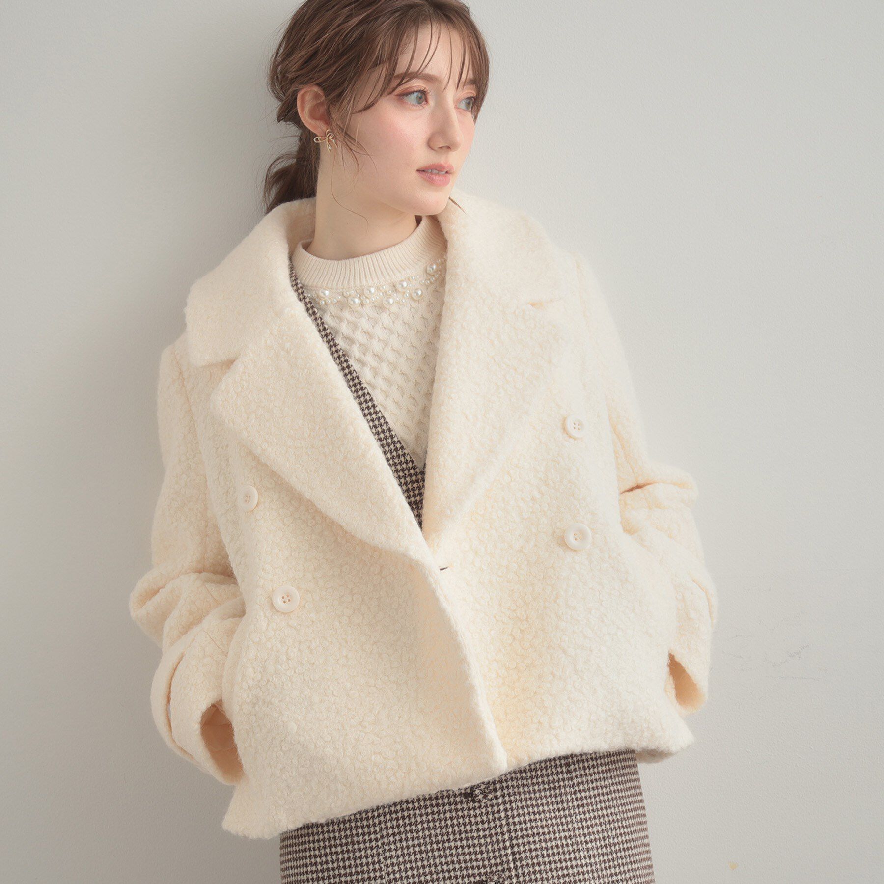 Couture broach「【S-LL/無地・チェック柄】プードルボア ショートコート」|ピーコート|