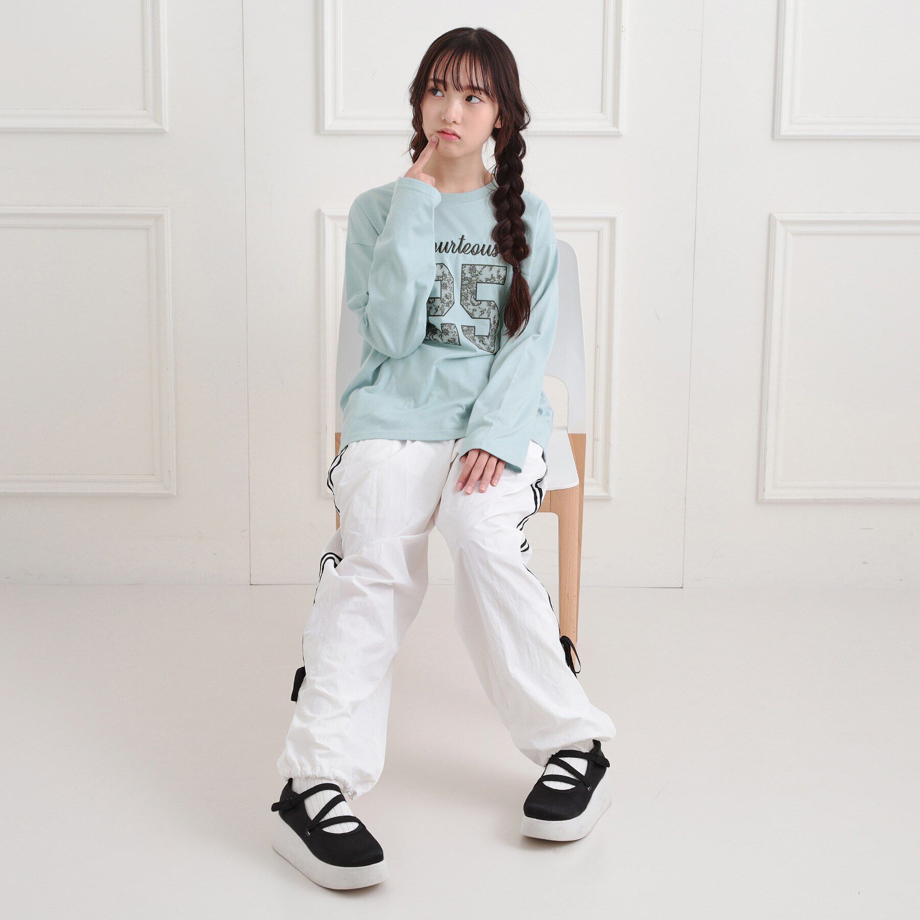 PINK-latte「レースプリントナンバリングロンT」|Tシャツ・カットソー|