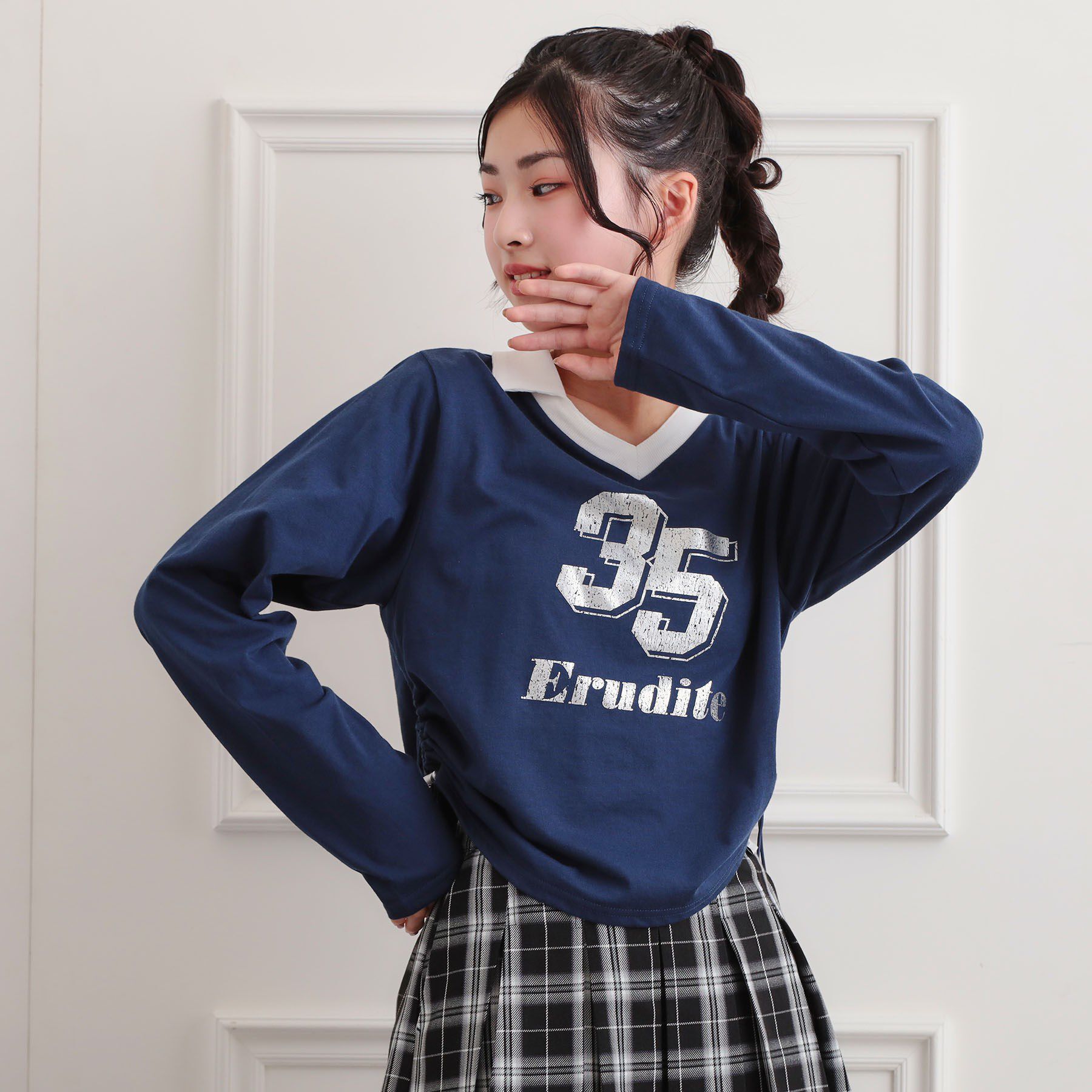 PINK-latte「衿付き箔ナンバーロンT」|Tシャツ・カットソー|ネイビー(094)