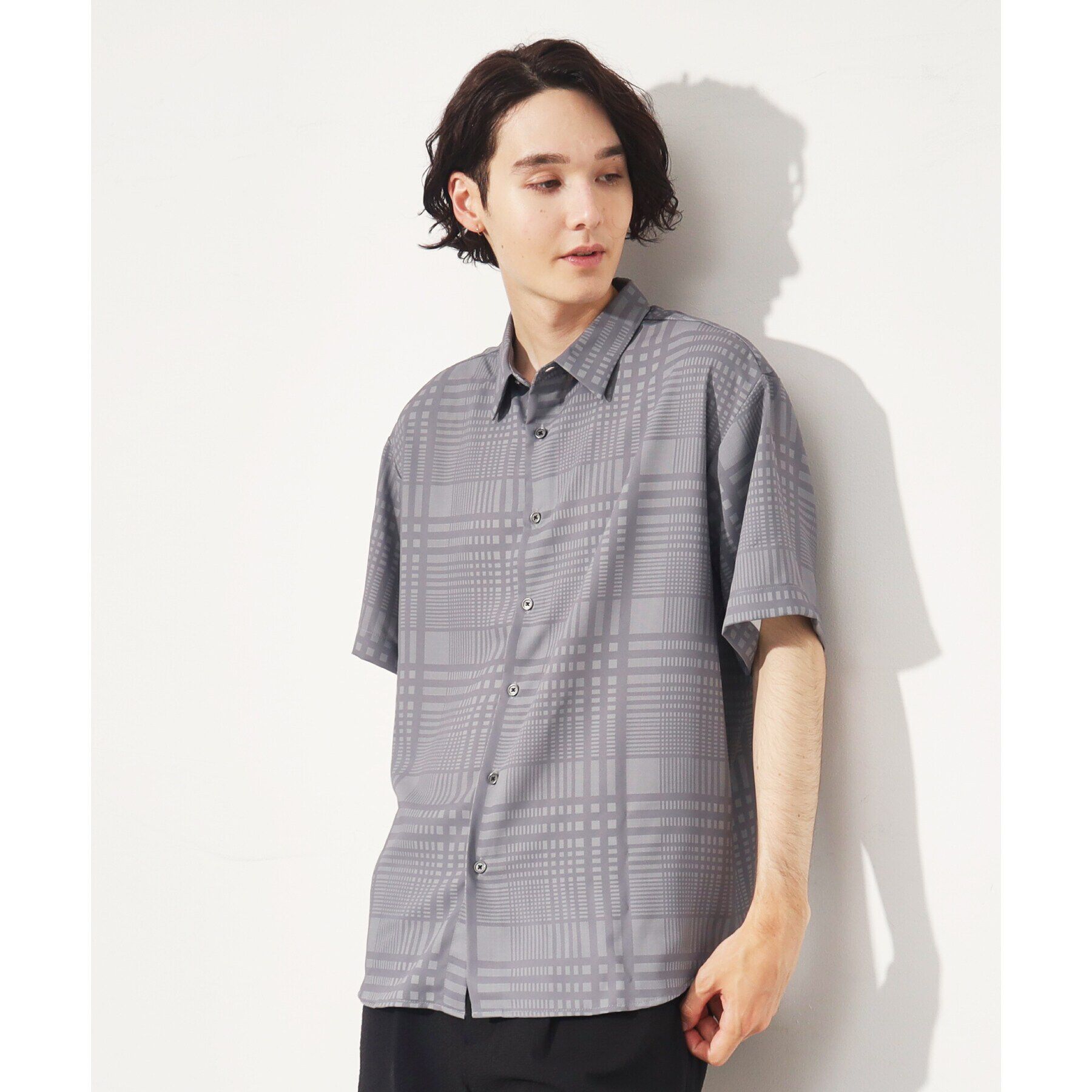 THE SHOP TK「【10色展開】プリントデザインシャツ チェック／ブロッキング／マーブル／ブラシアート」|シャツ・ブラウス|チャコールグレー(2