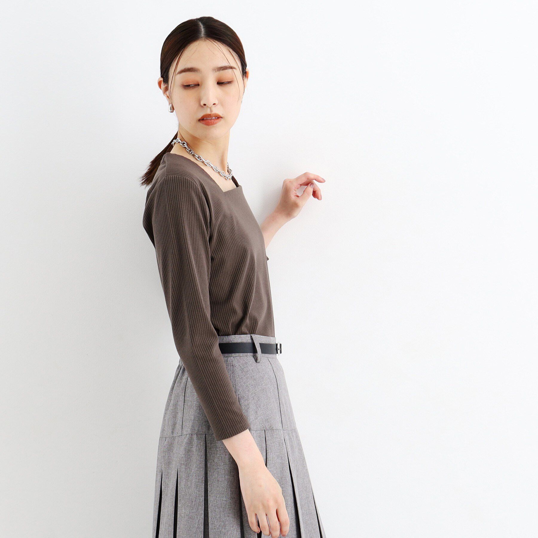 THE SHOP TK「スクエアリブネック9分袖プルオーバー」|ニット・セーター|