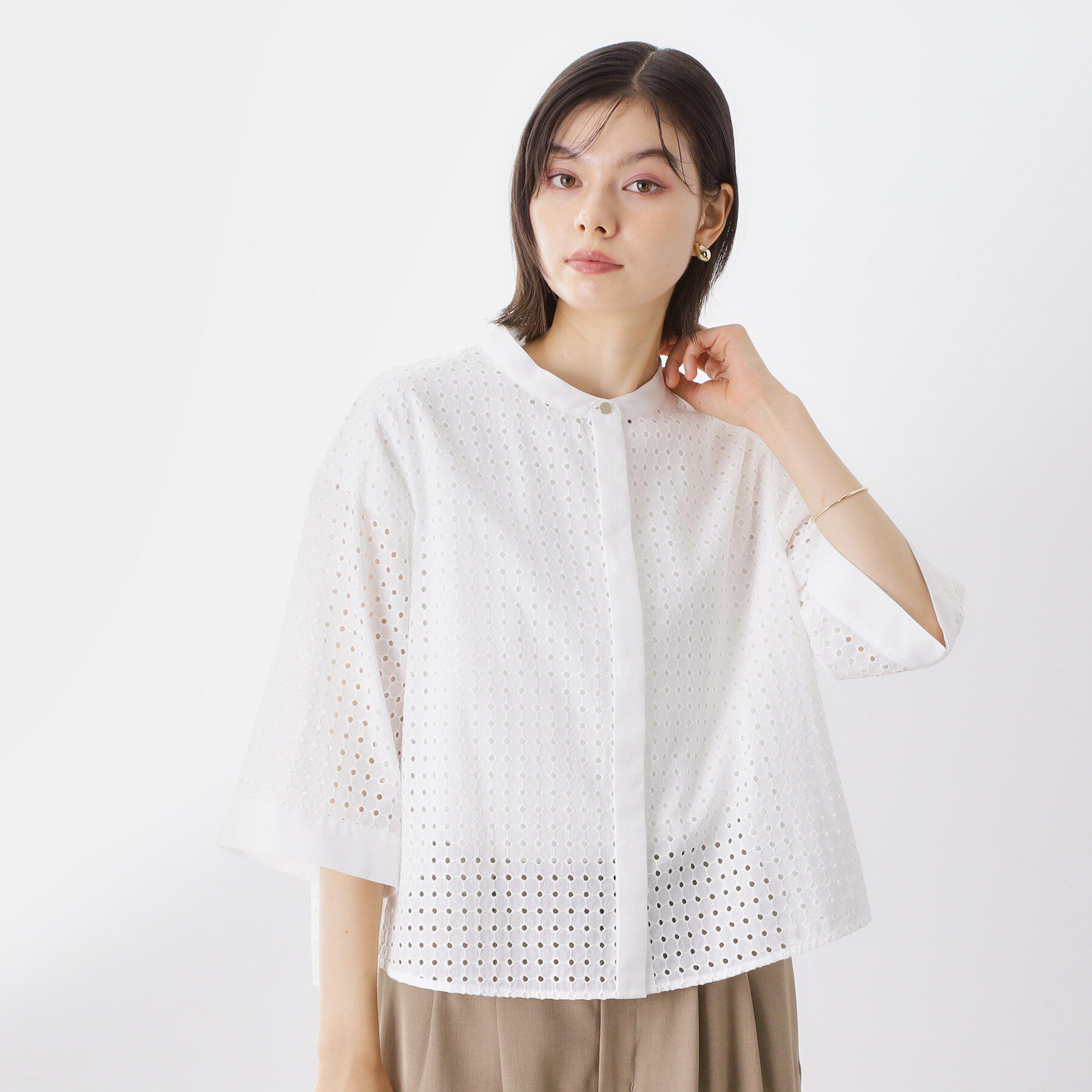 THE SHOP TK「5分袖レース刺繍コットンシャツ」|シャツ・ブラウス|オフホワイト(003