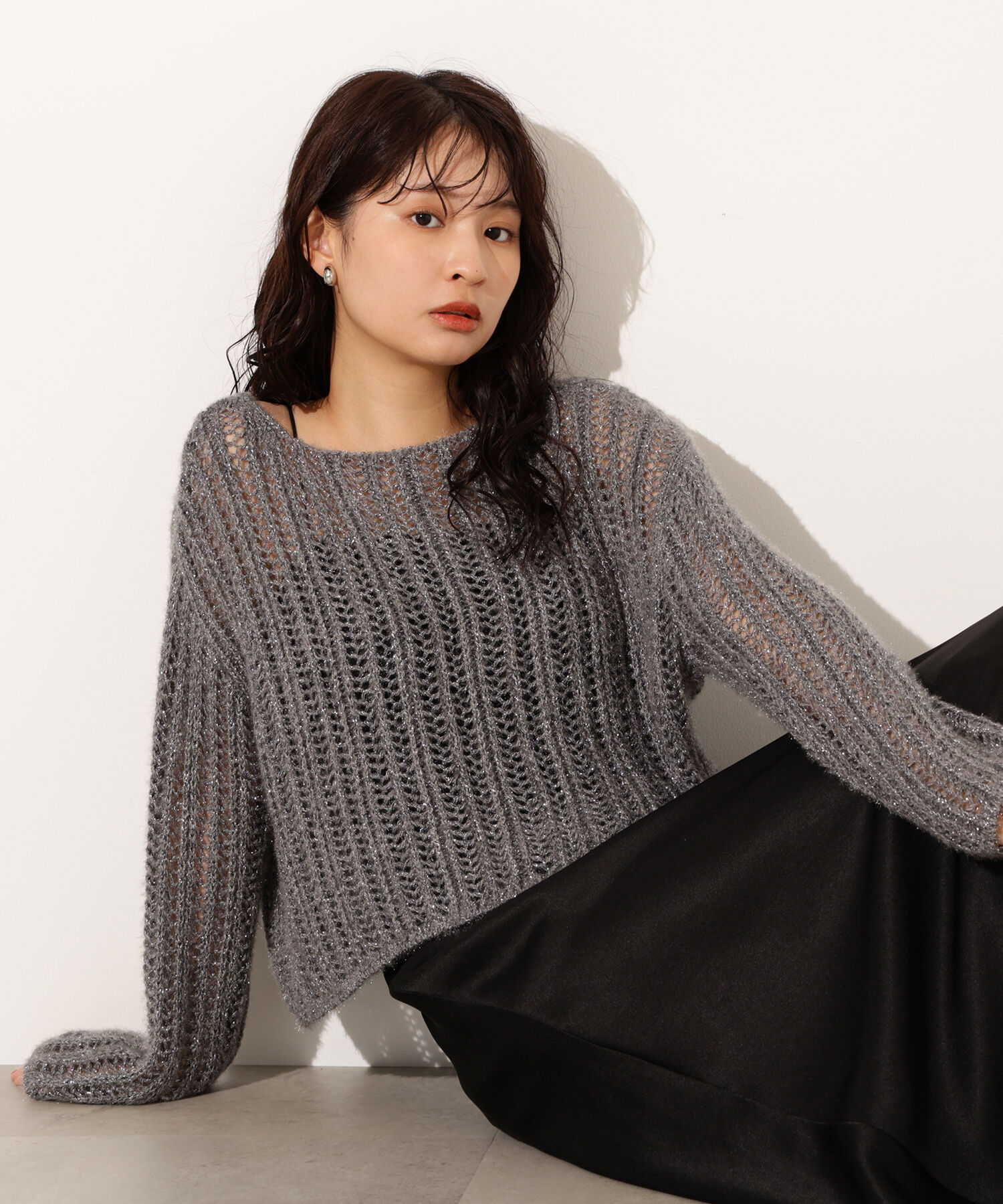  「クロップド透かし編みニット」|ニット・セーター|グレー1