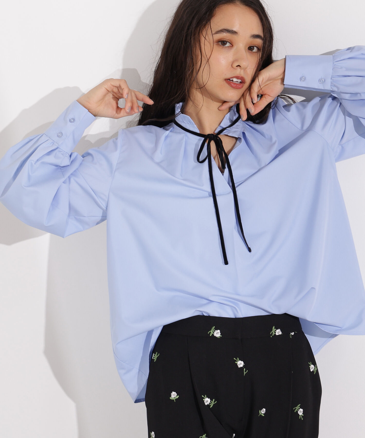  「ベロアリボンスキッパーブラウス」|シャツ・ブラウス|ブルー