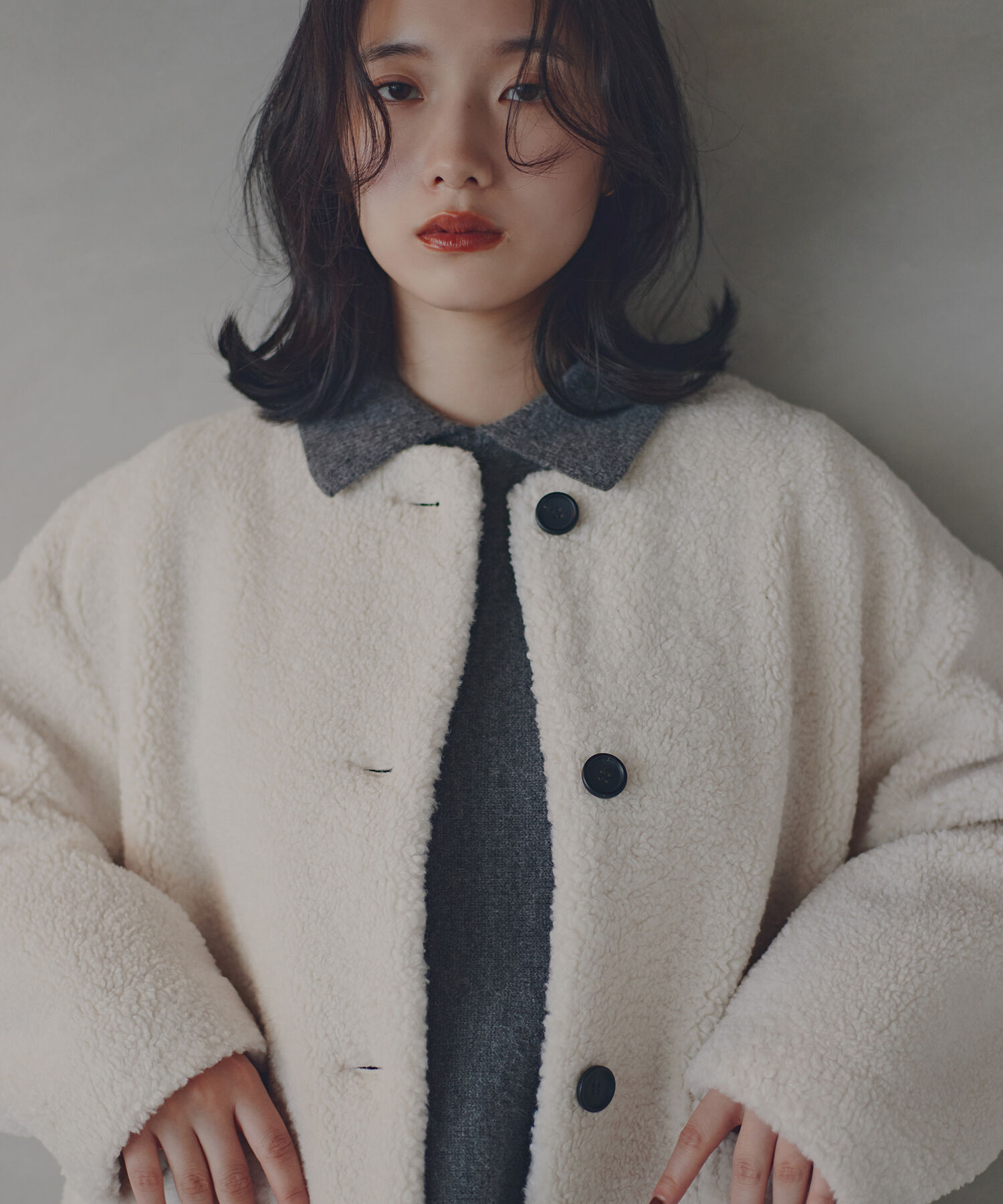  「ノーカラーボアブルゾン」|ブルゾン・スタジャン|