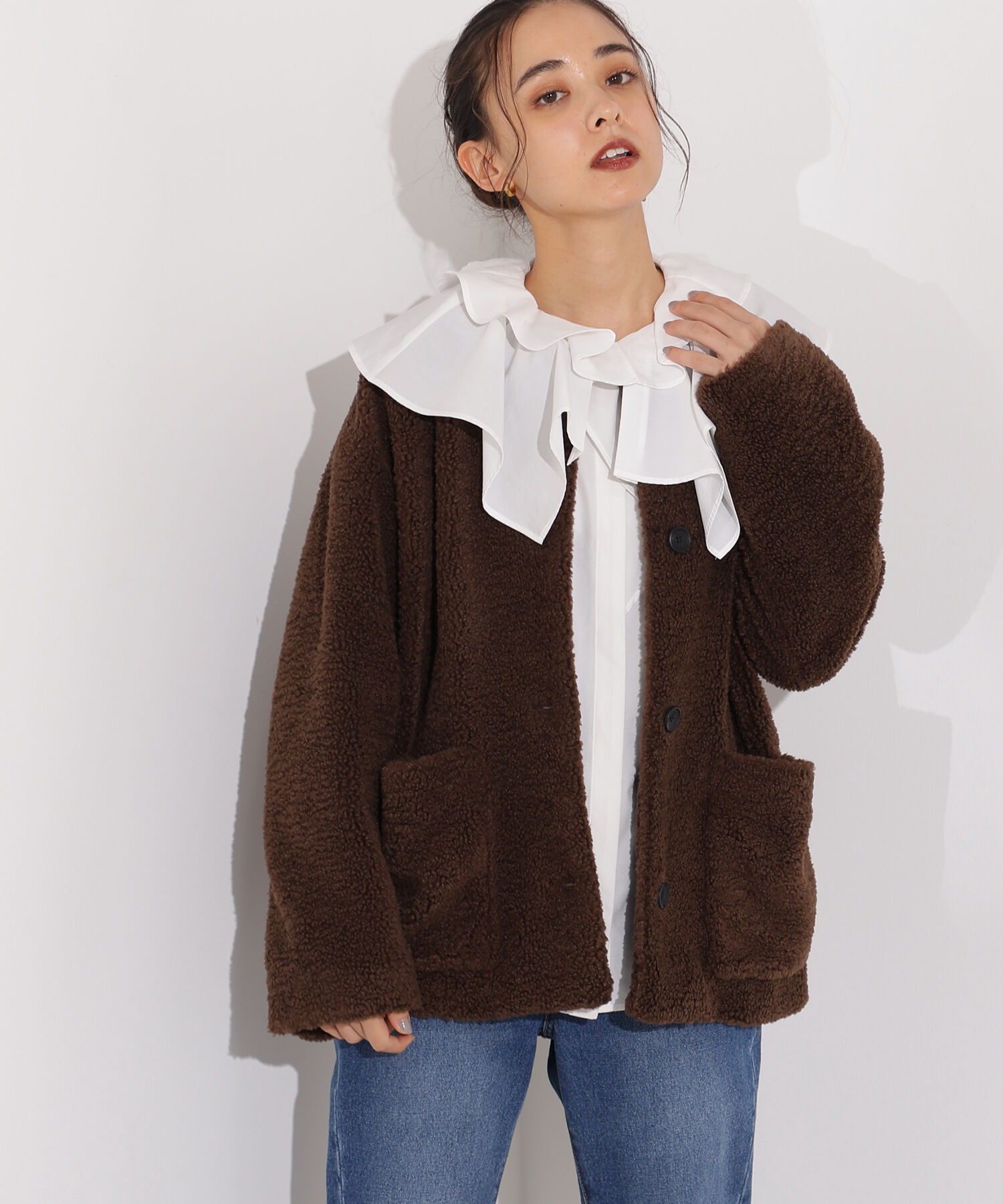  「ノーカラーボアブルゾン」|ブルゾン・スタジャン|ブラウン