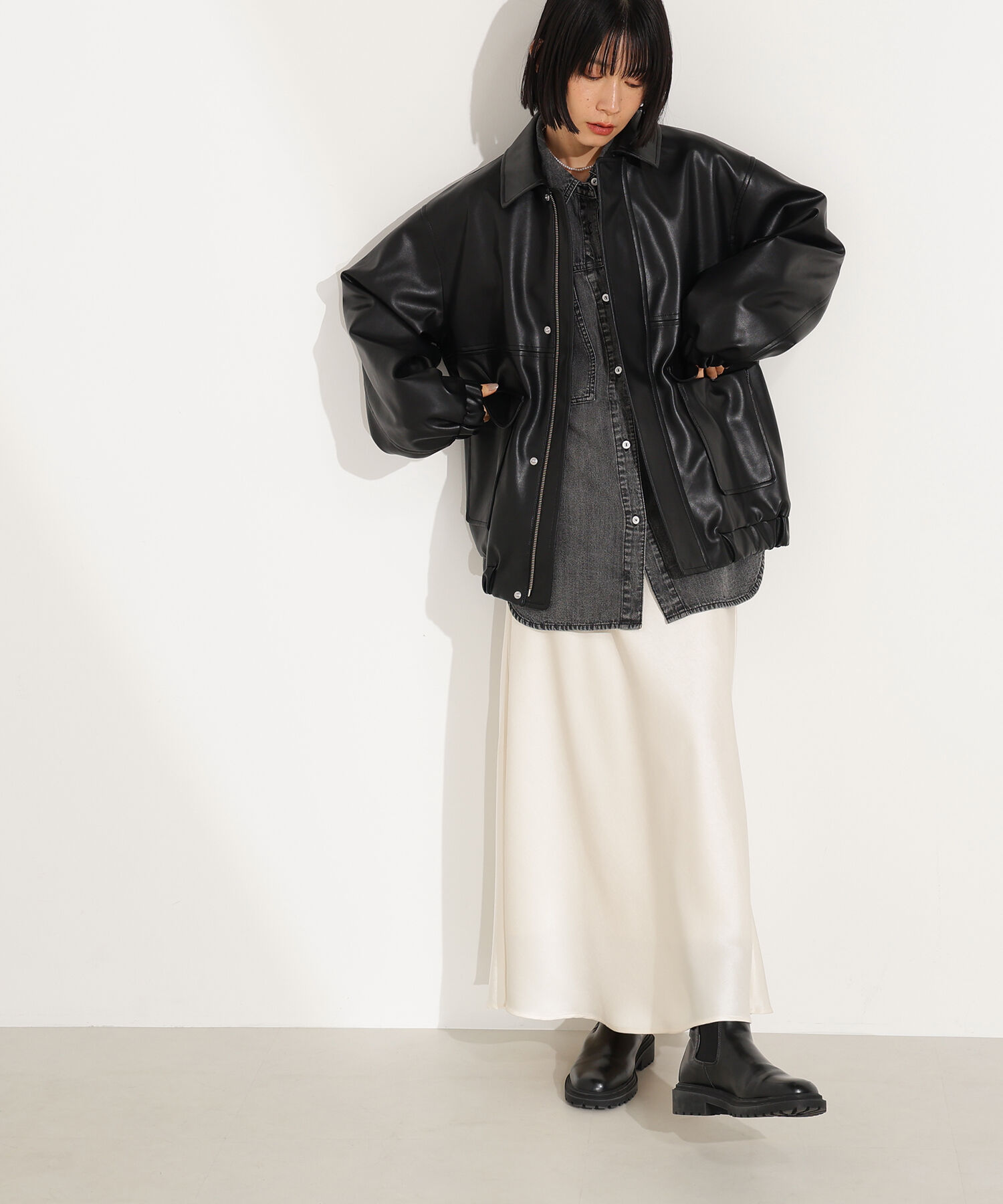  「フェイクレザーステンカラーブルゾン」|ブルゾン・スタジャン|