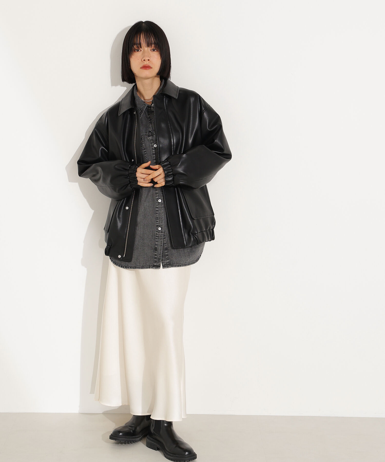  「フェイクレザーステンカラーブルゾン」|ブルゾン・スタジャン|