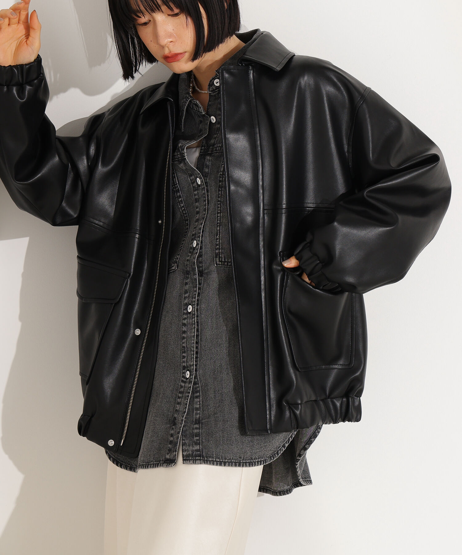  「フェイクレザーステンカラーブルゾン」|ブルゾン・スタジャン|