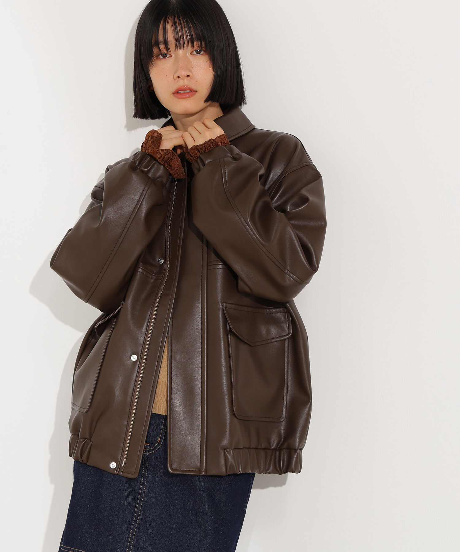  「フェイクレザーステンカラーブルゾン」|ブルゾン・スタジャン|