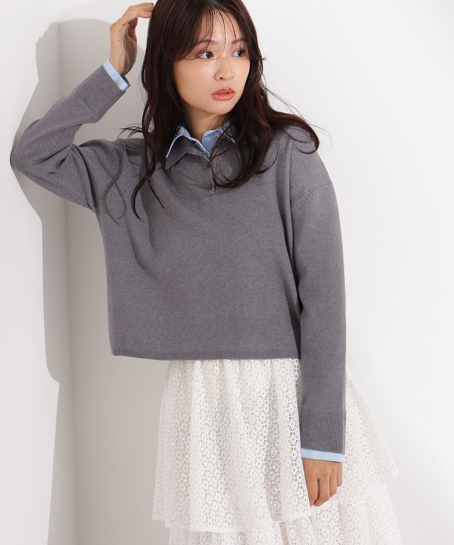  「シャツレイヤードニット」|ニット・セーター|グレー2