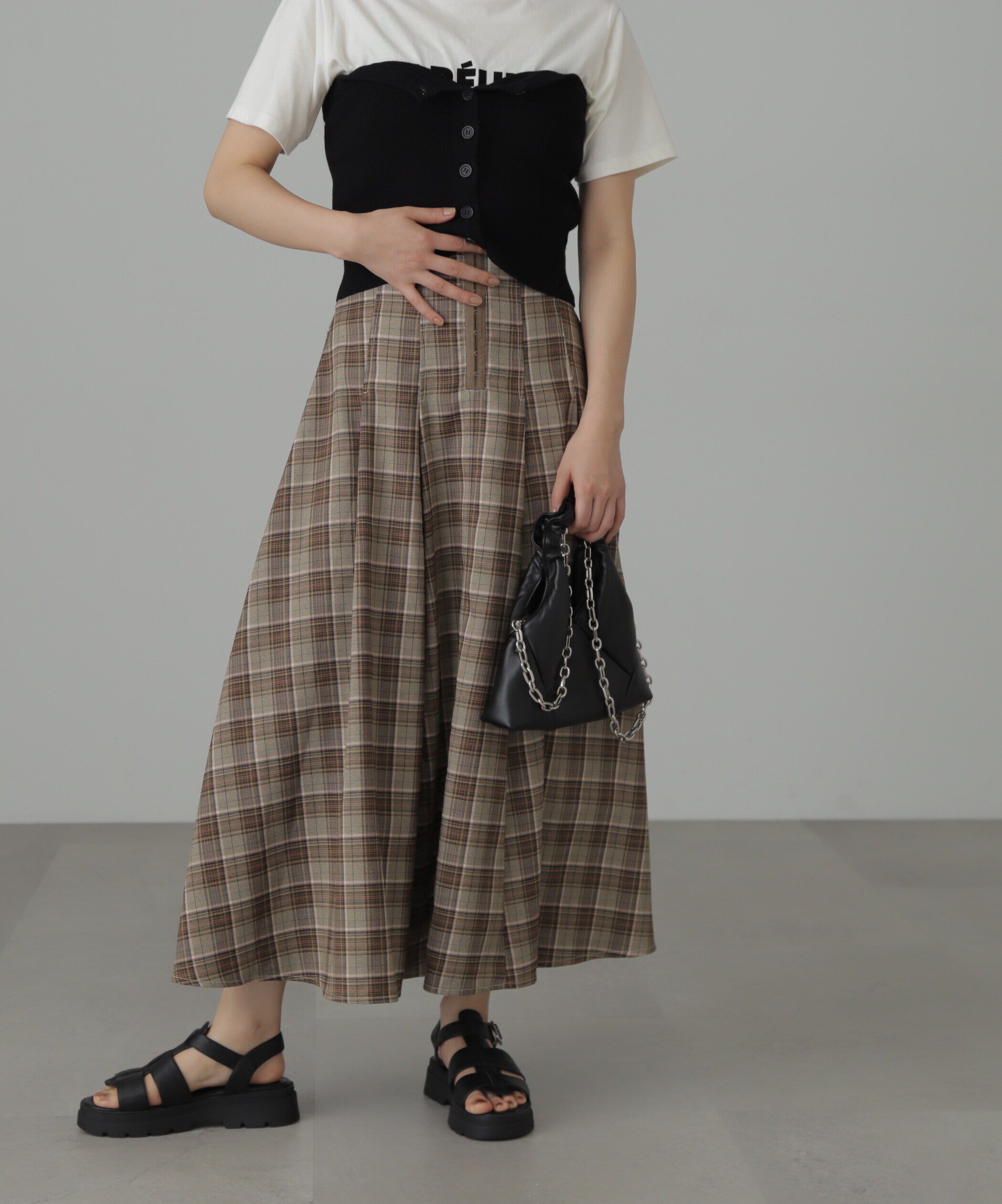  「コルセットチェックフレアスカート」|スカート|ベージュベー 1