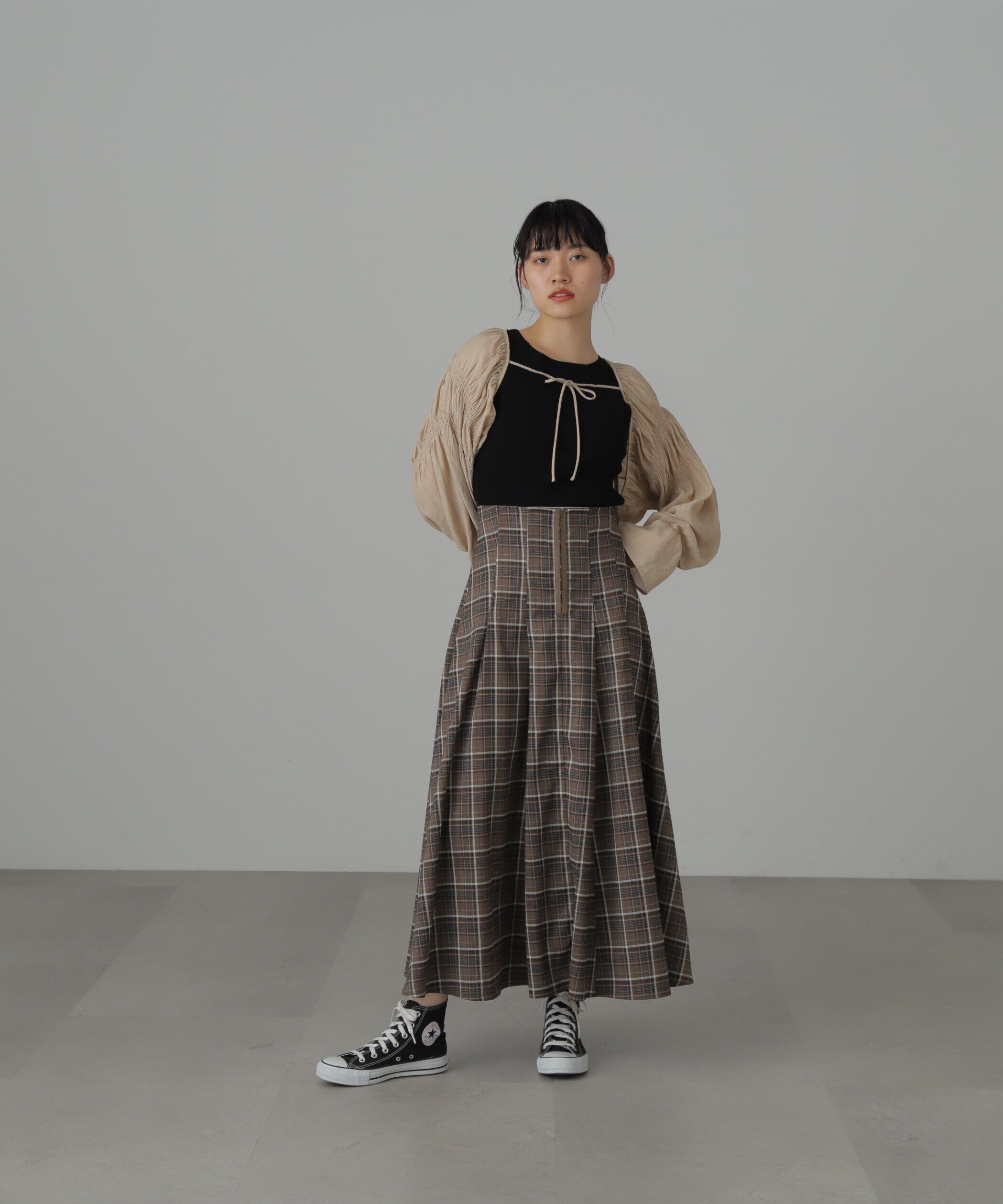  「コルセットチェックフレアスカート」|スカート|