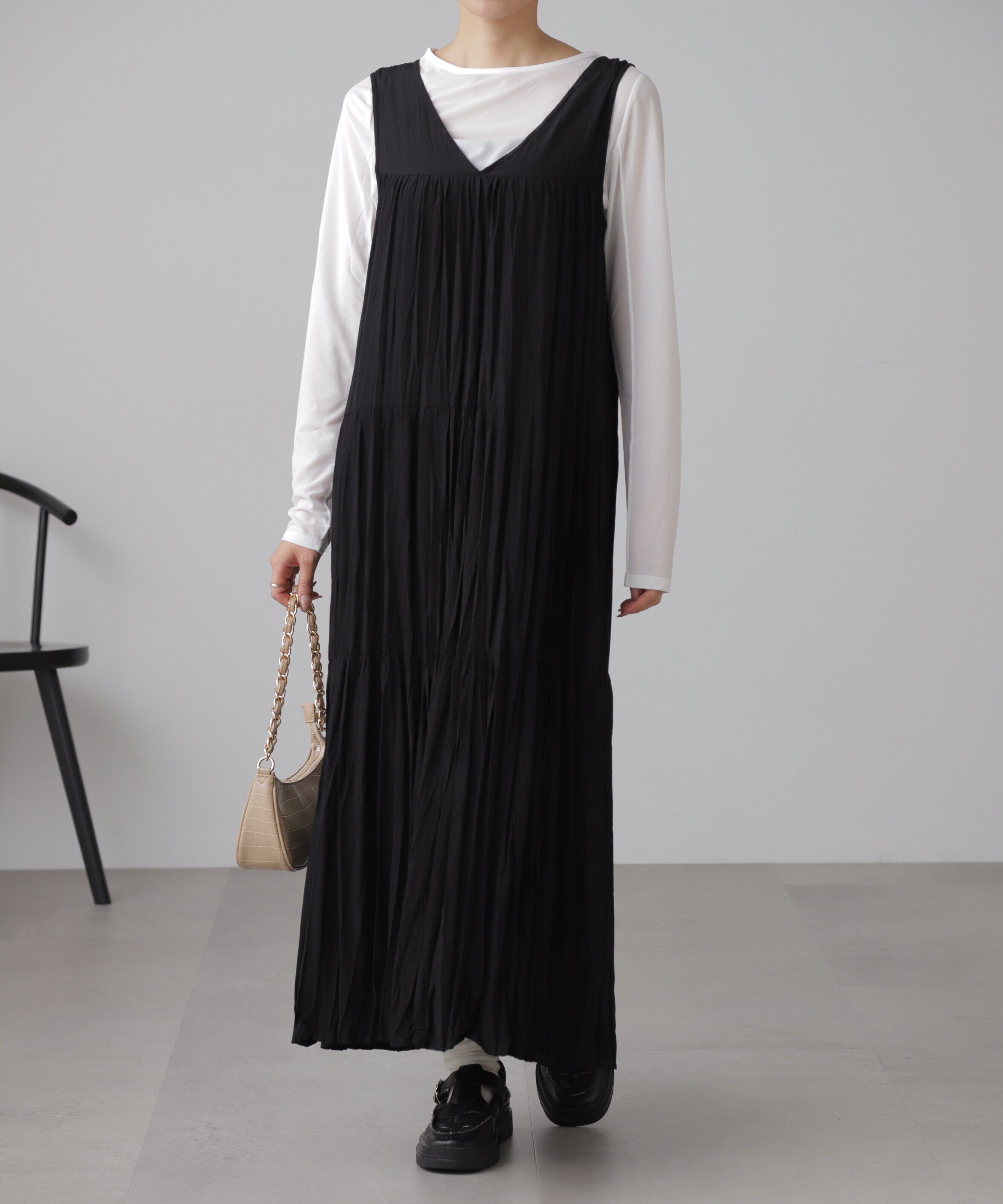  「ワッシャーティアードノースリーブワンピース」|ワンピース|ブラック