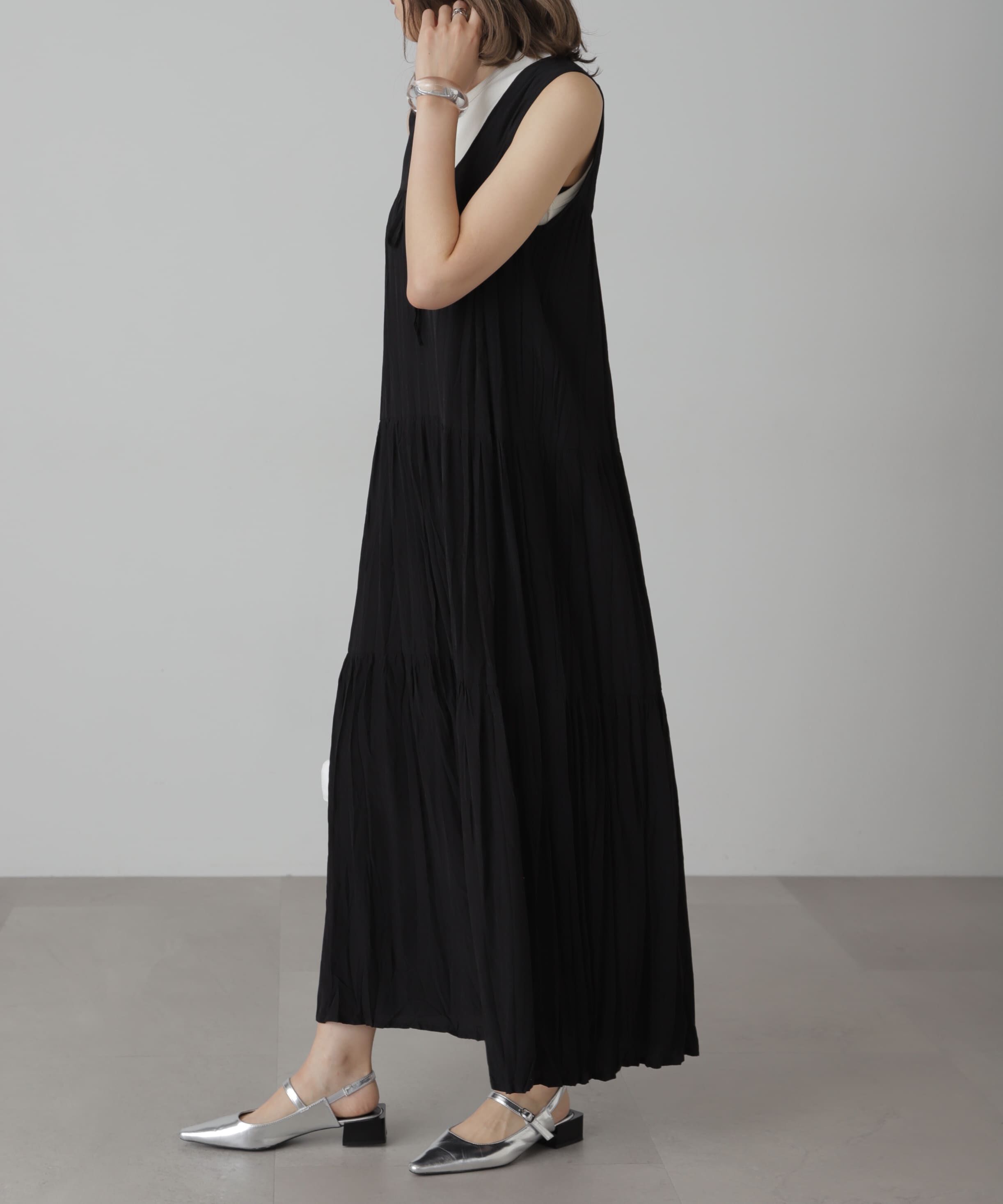  「ワッシャーティアードノースリーブワンピース」|ワンピース|