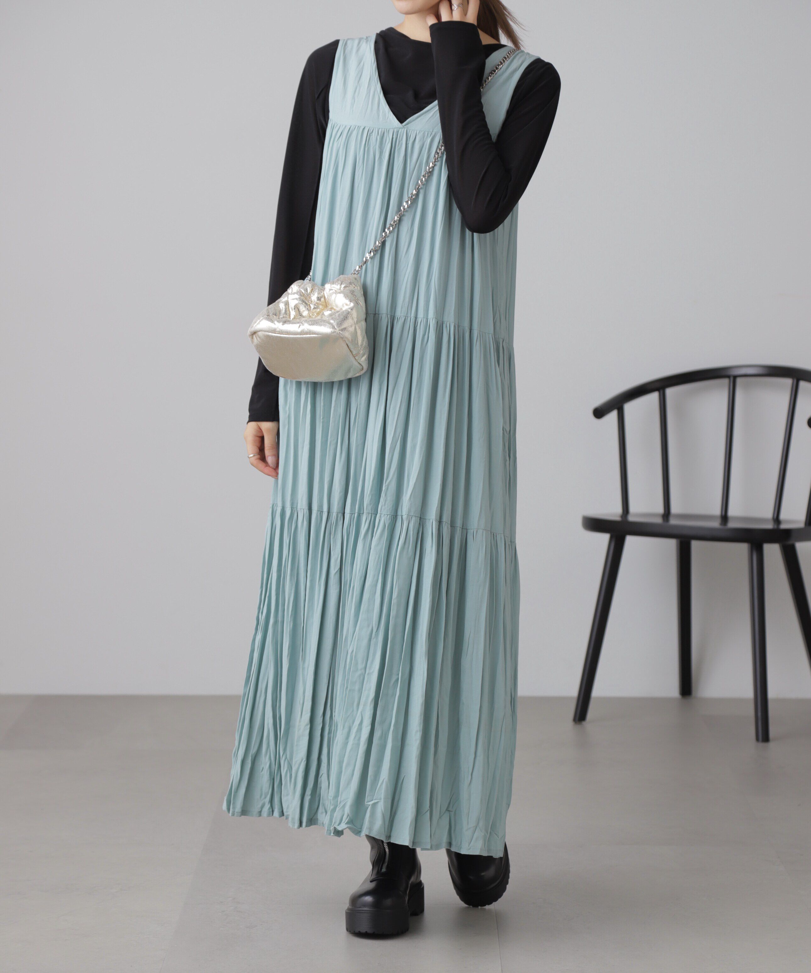  「ワッシャーティアードノースリーブワンピース」|ワンピース|グリーン