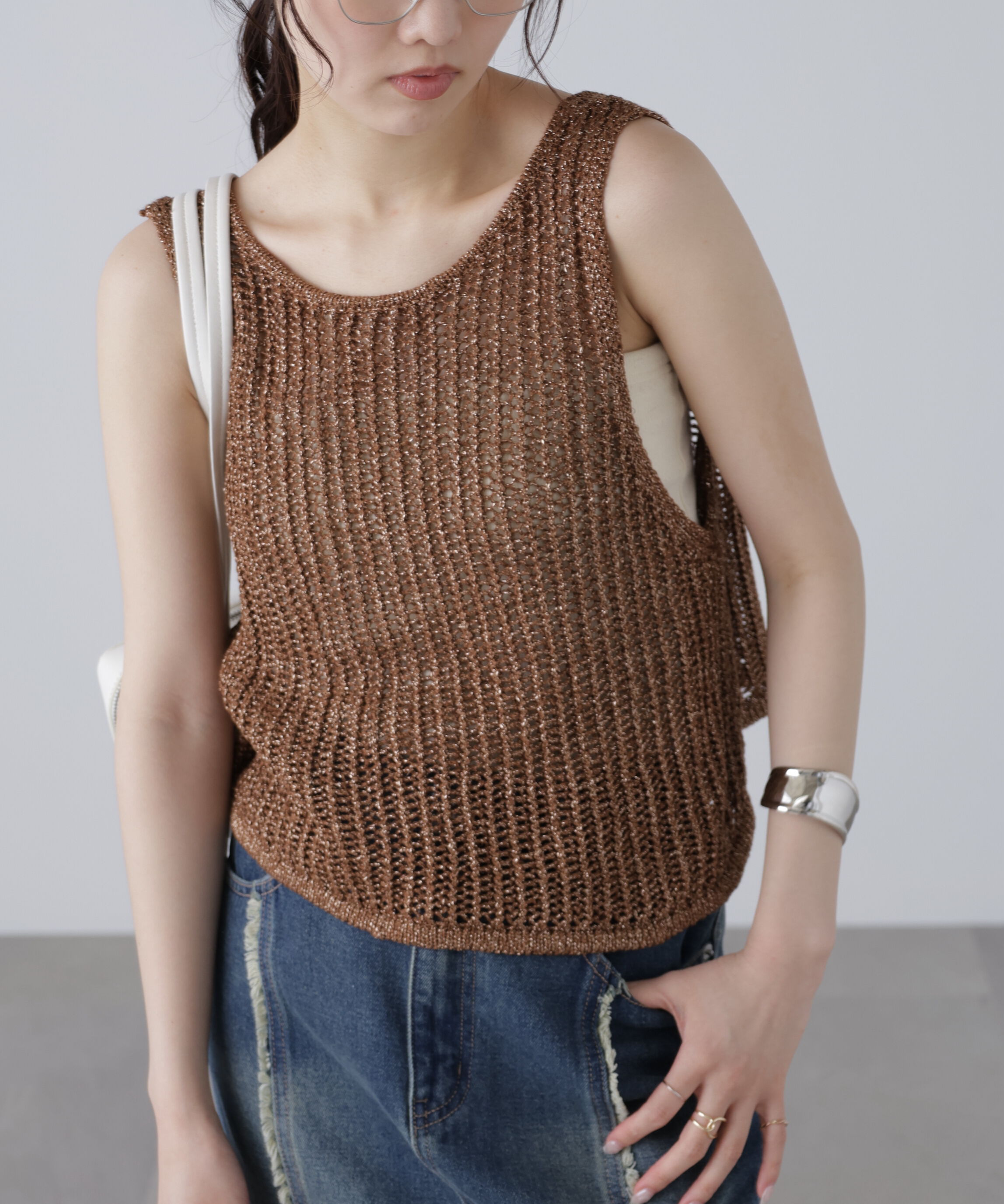  「前後2wayラメニットメッシュベスト」|ニット・セーター|ブラウン