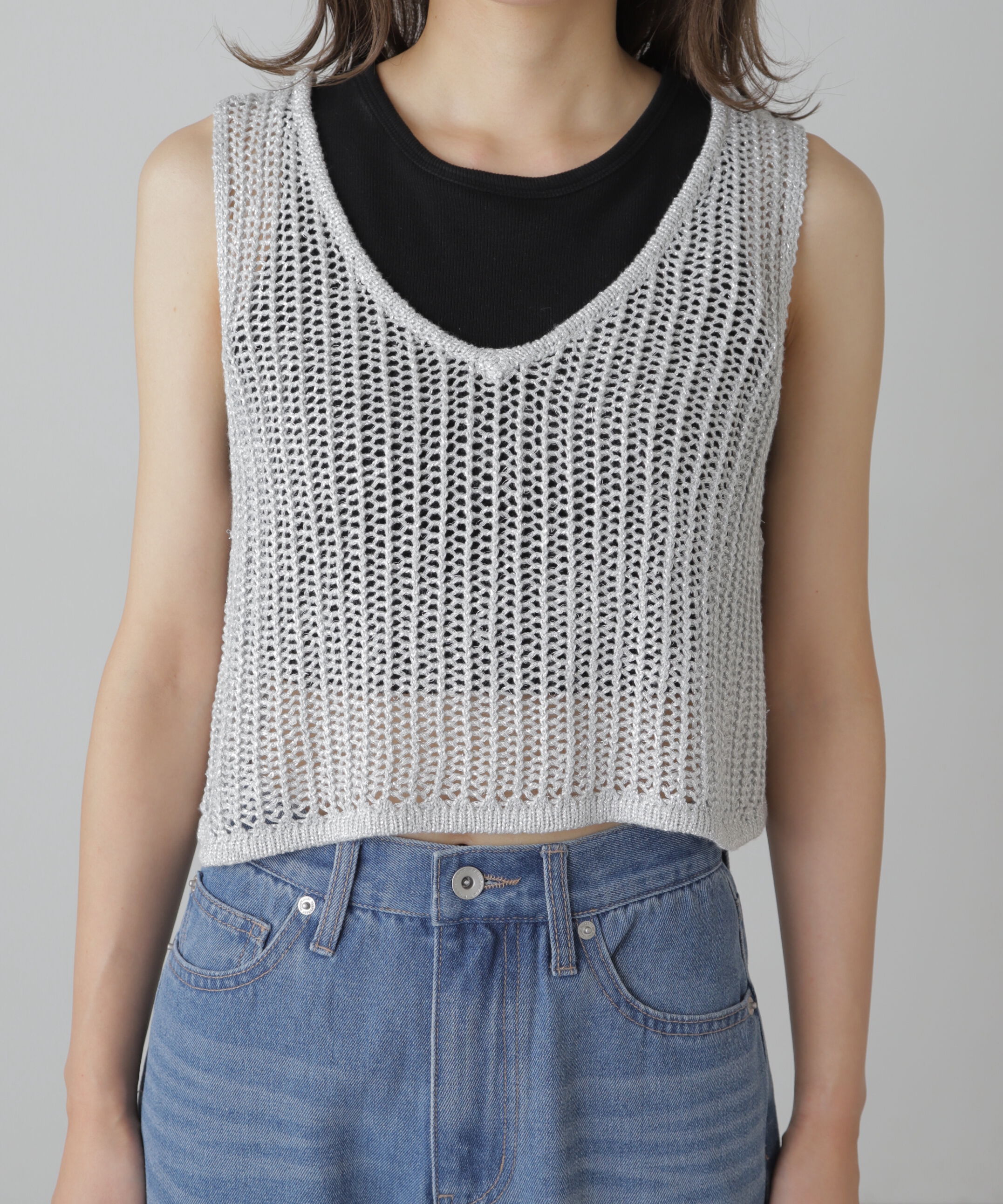  「前後2wayラメニットメッシュベスト」|ニット・セーター|