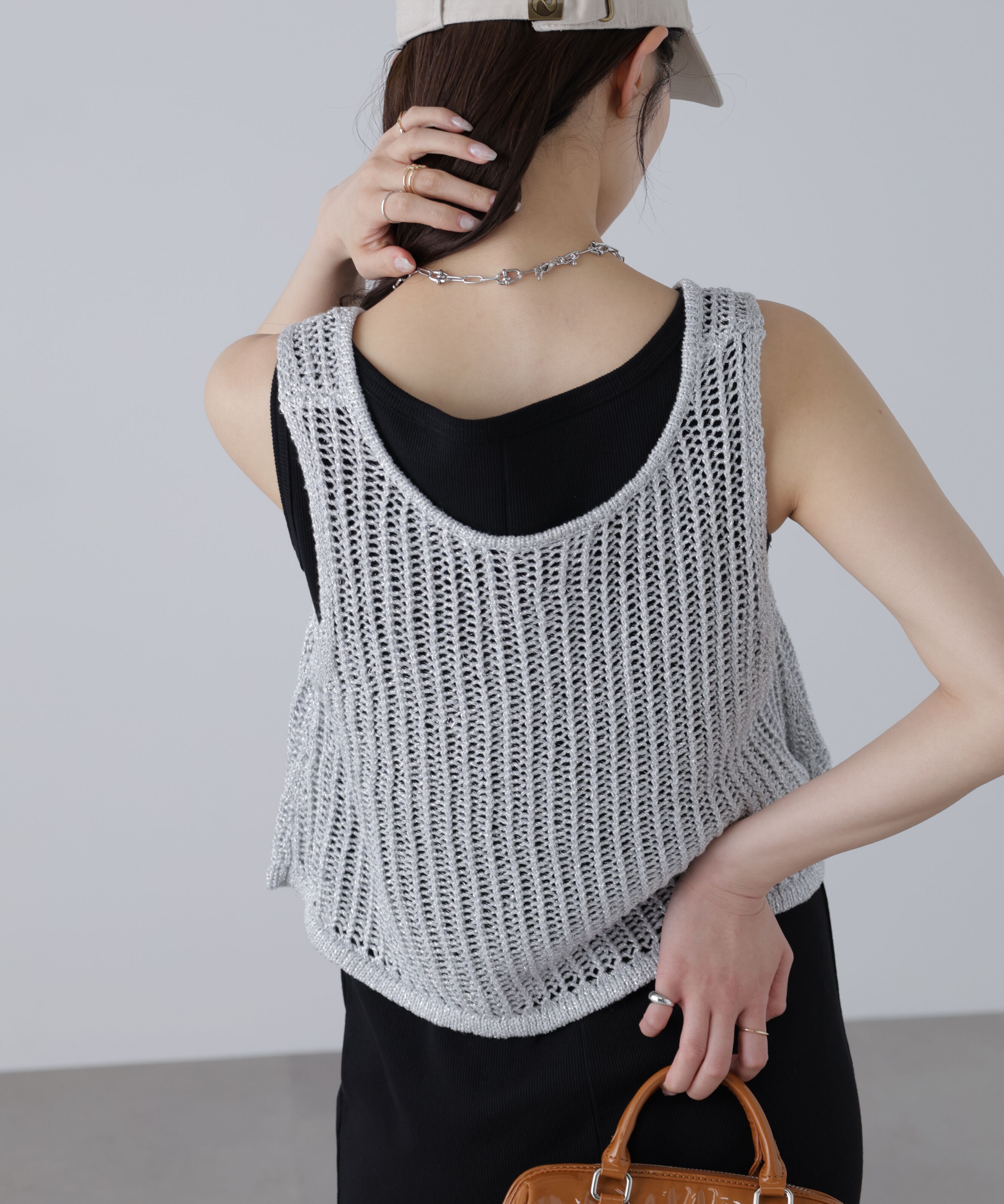  「前後2wayラメニットメッシュベスト」|ニット・セーター|