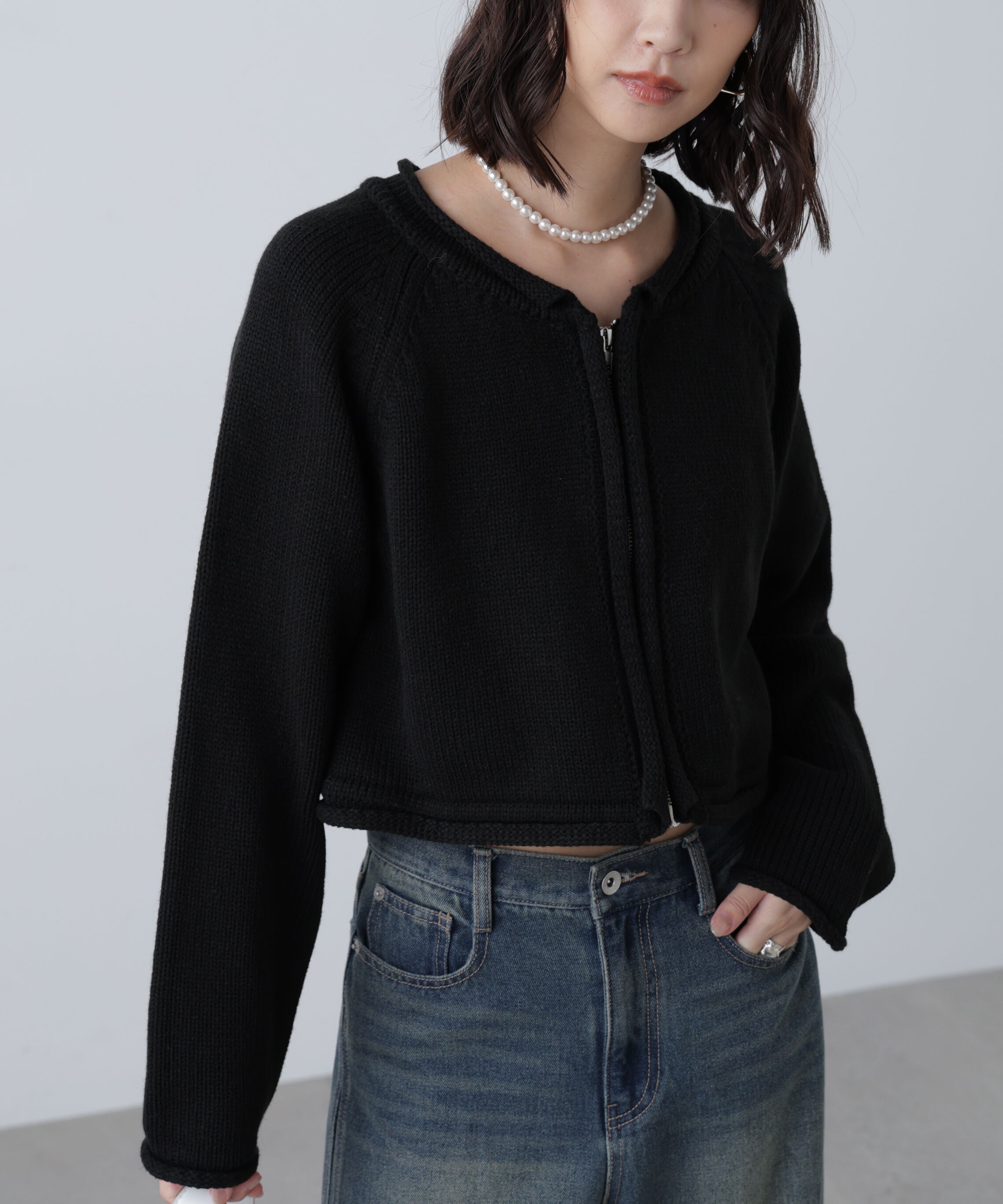  「ロールアップ短丈ジップカーディガン」|ニット・セーター|