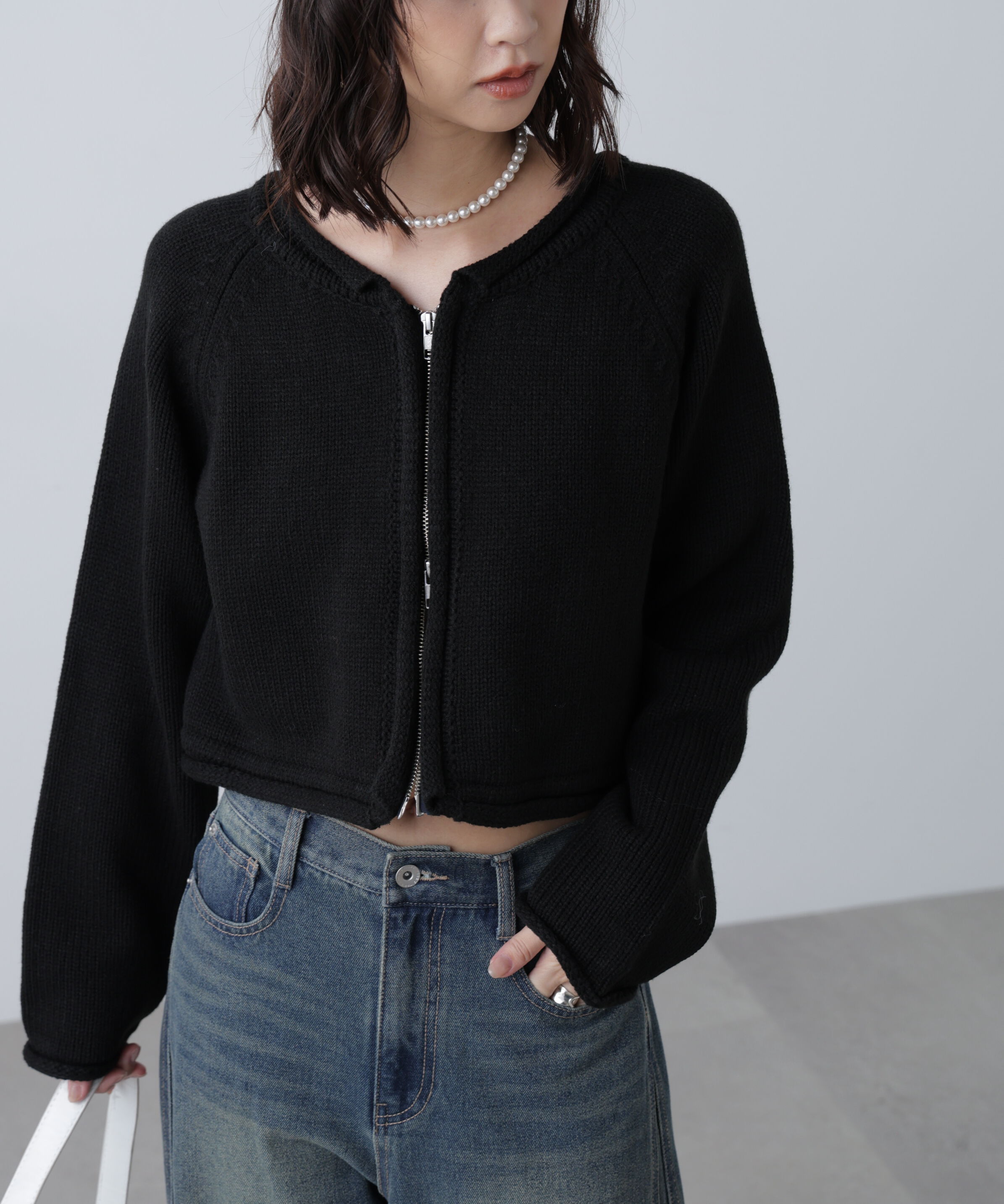  「ロールアップ短丈ジップカーディガン」|ニット・セーター|