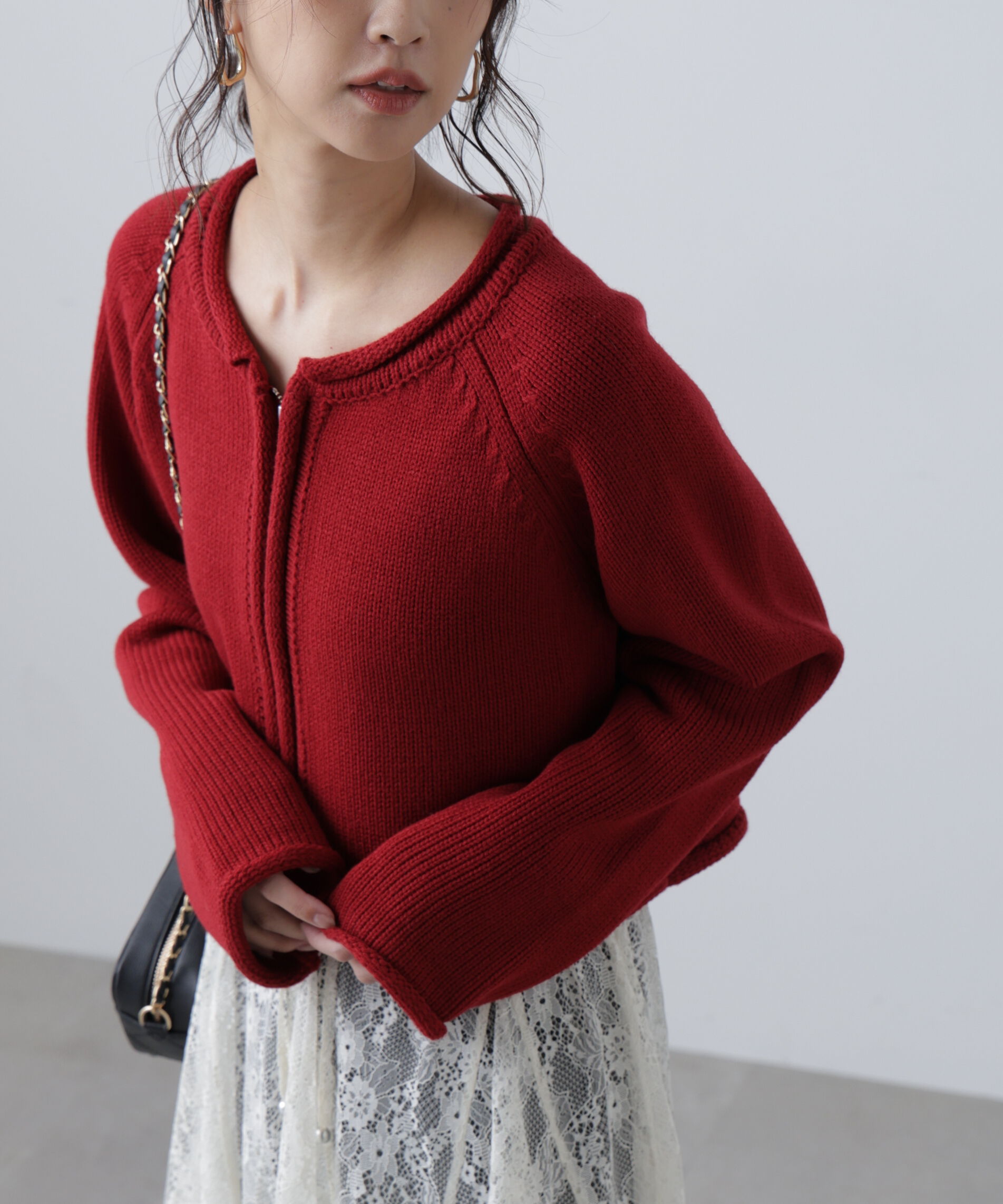  「ロールアップ短丈ジップカーディガン」|ニット・セーター|