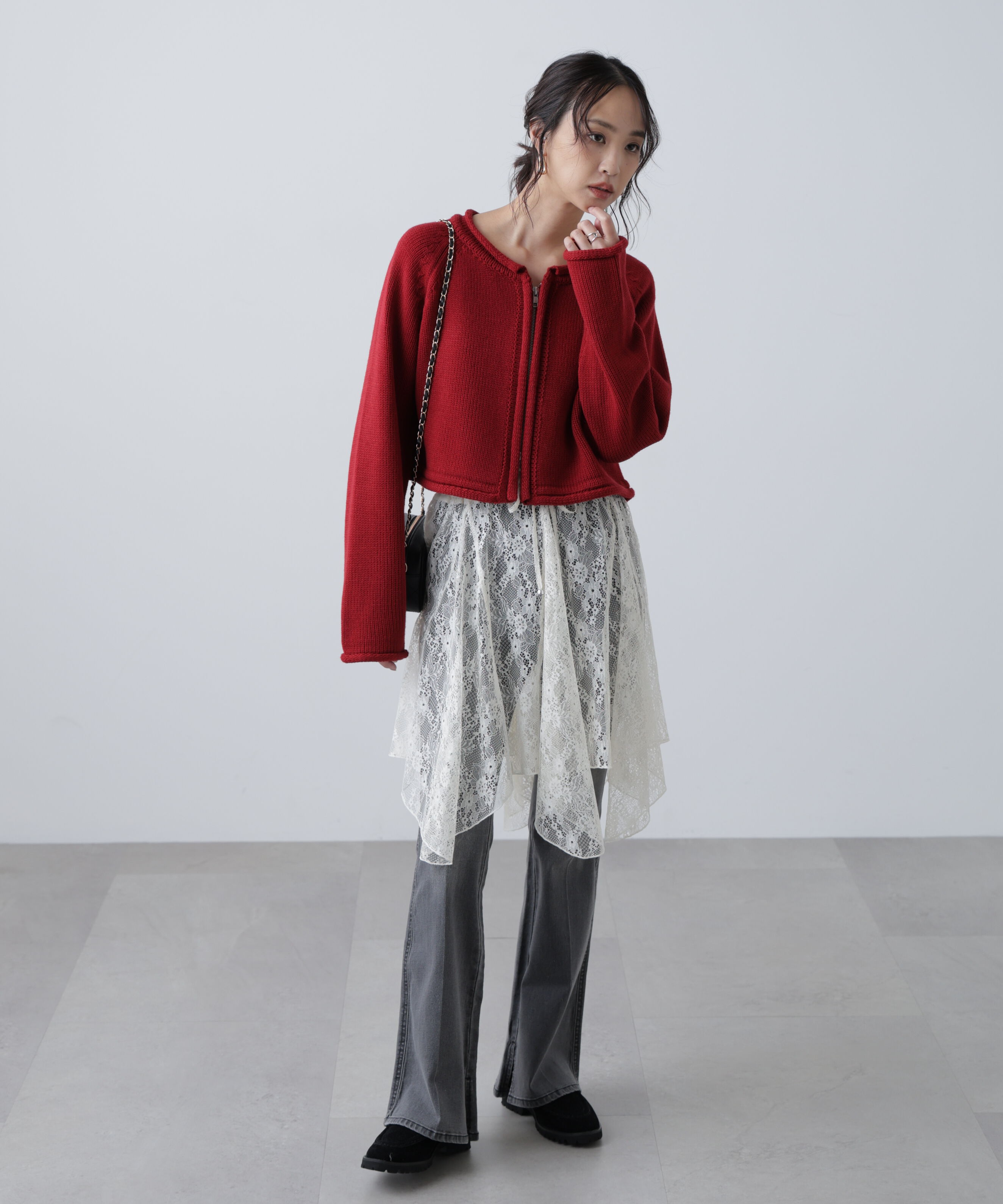  「ロールアップ短丈ジップカーディガン」|ニット・セーター|