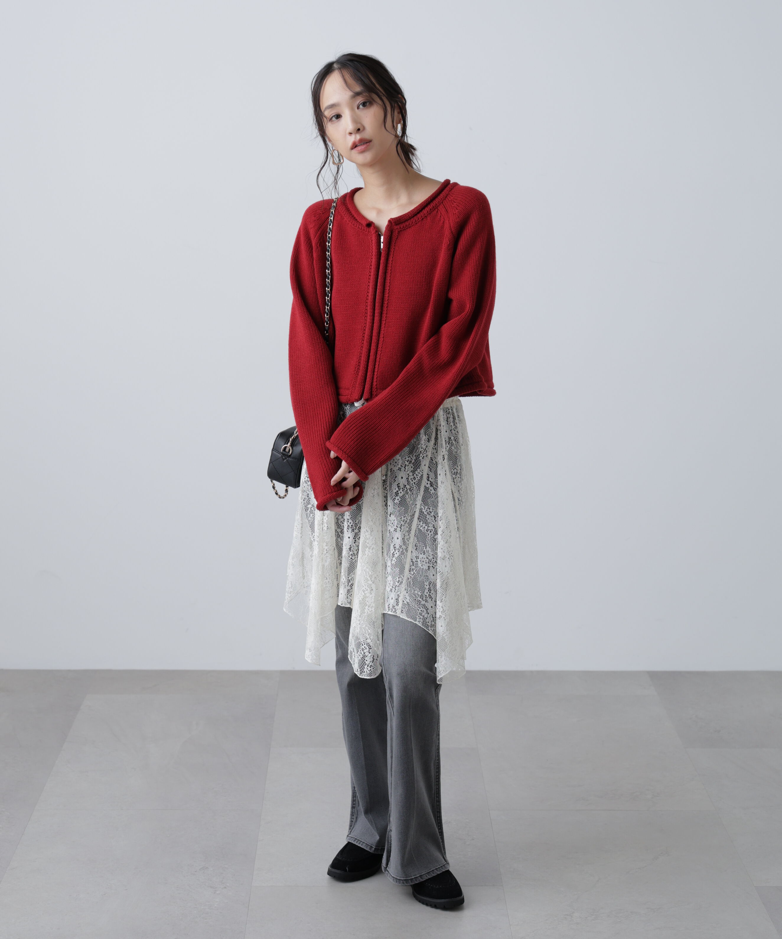  「ロールアップ短丈ジップカーディガン」|ニット・セーター|