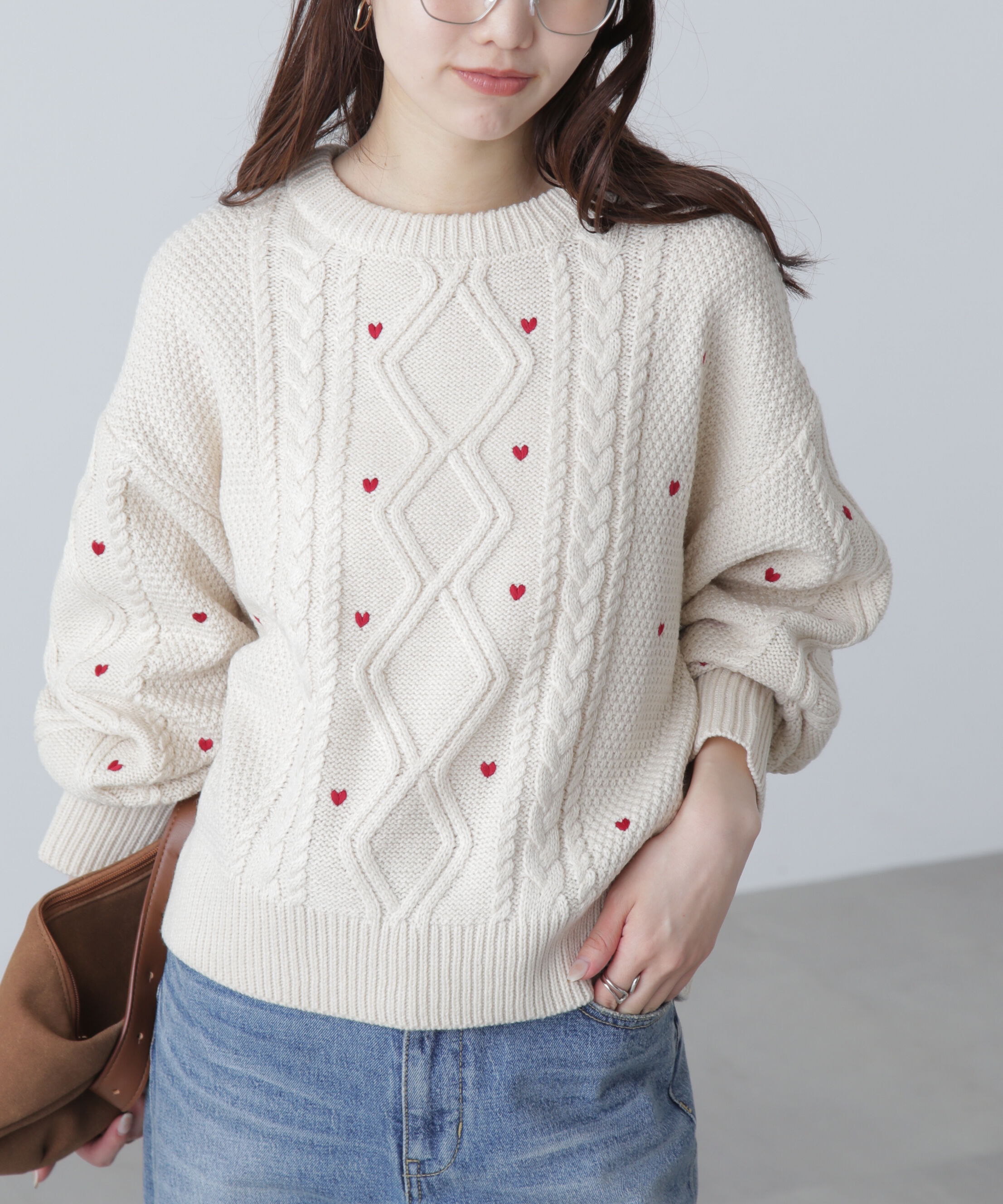  「ハート刺繍ケーブルニット」|ニット・セーター|