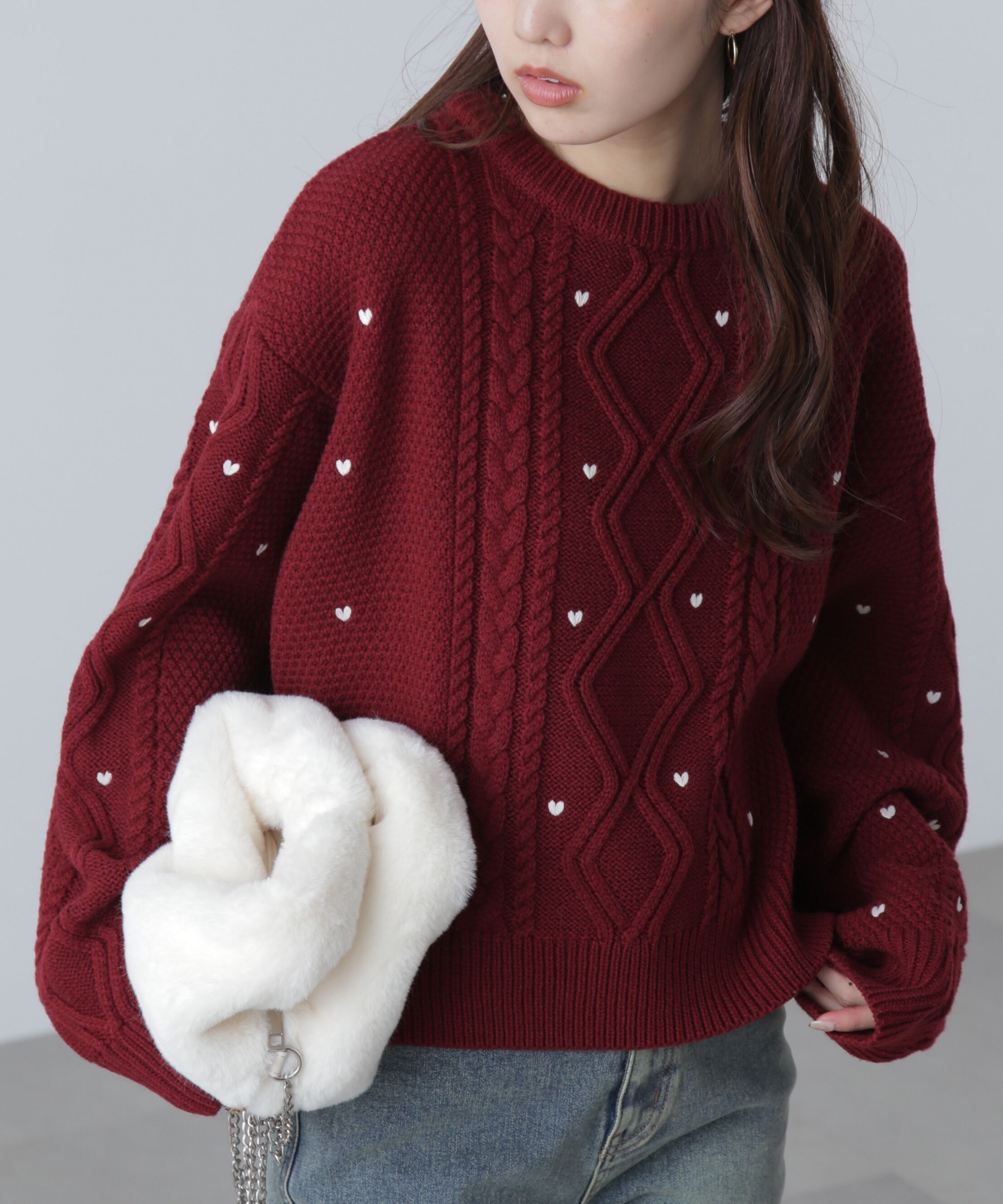  「ハート刺繍ケーブルニット」|ニット・セーター|