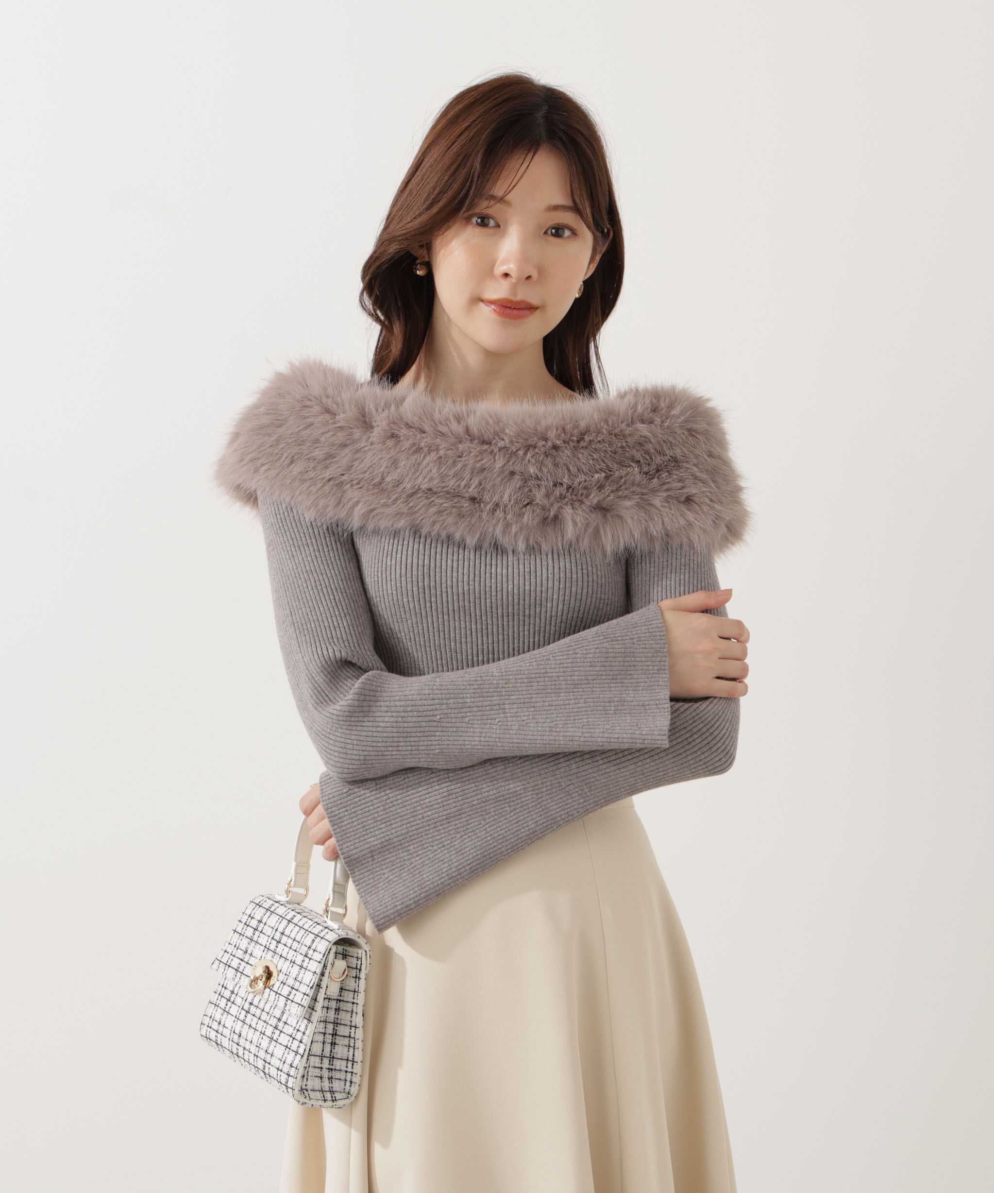 PROPORTION BODY DRESSING「フェイクファー付きオフショルニット 25AW」|ニット・セーター|