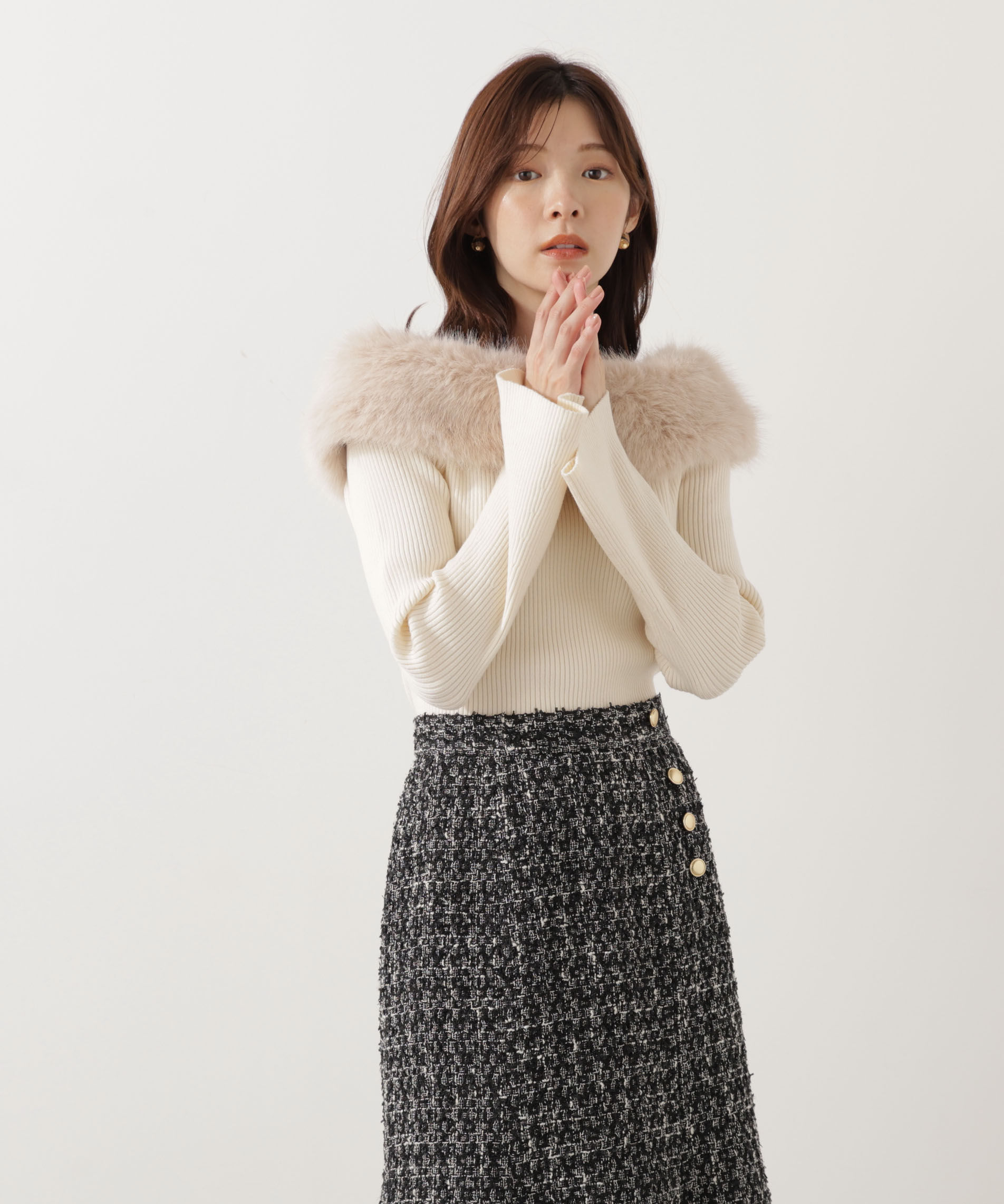 PROPORTION BODY DRESSING「フェイクファー付きオフショルニット 25AW」|ニット・セーター|